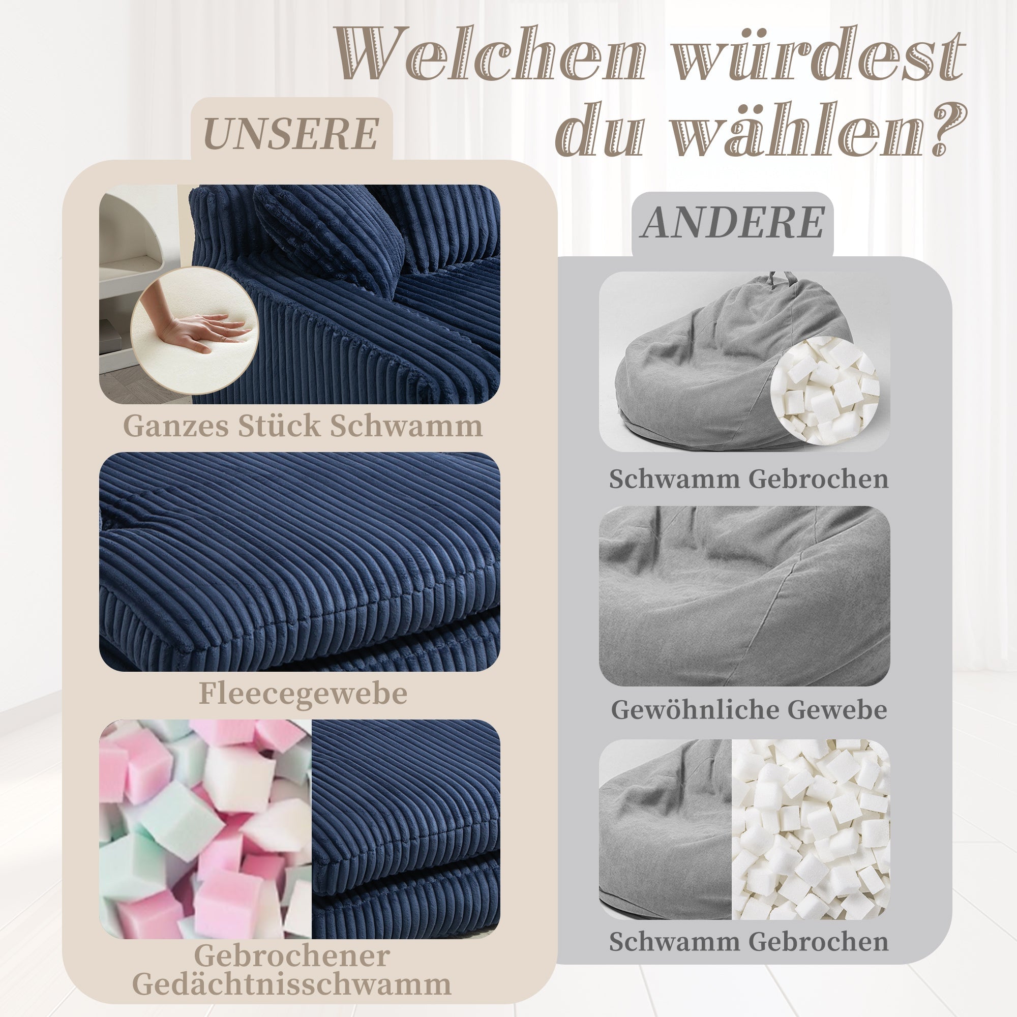 Sofa Bed, Cloud Couch with 3 Soft Pillows, Single Seat, Corduroy Navy Blue