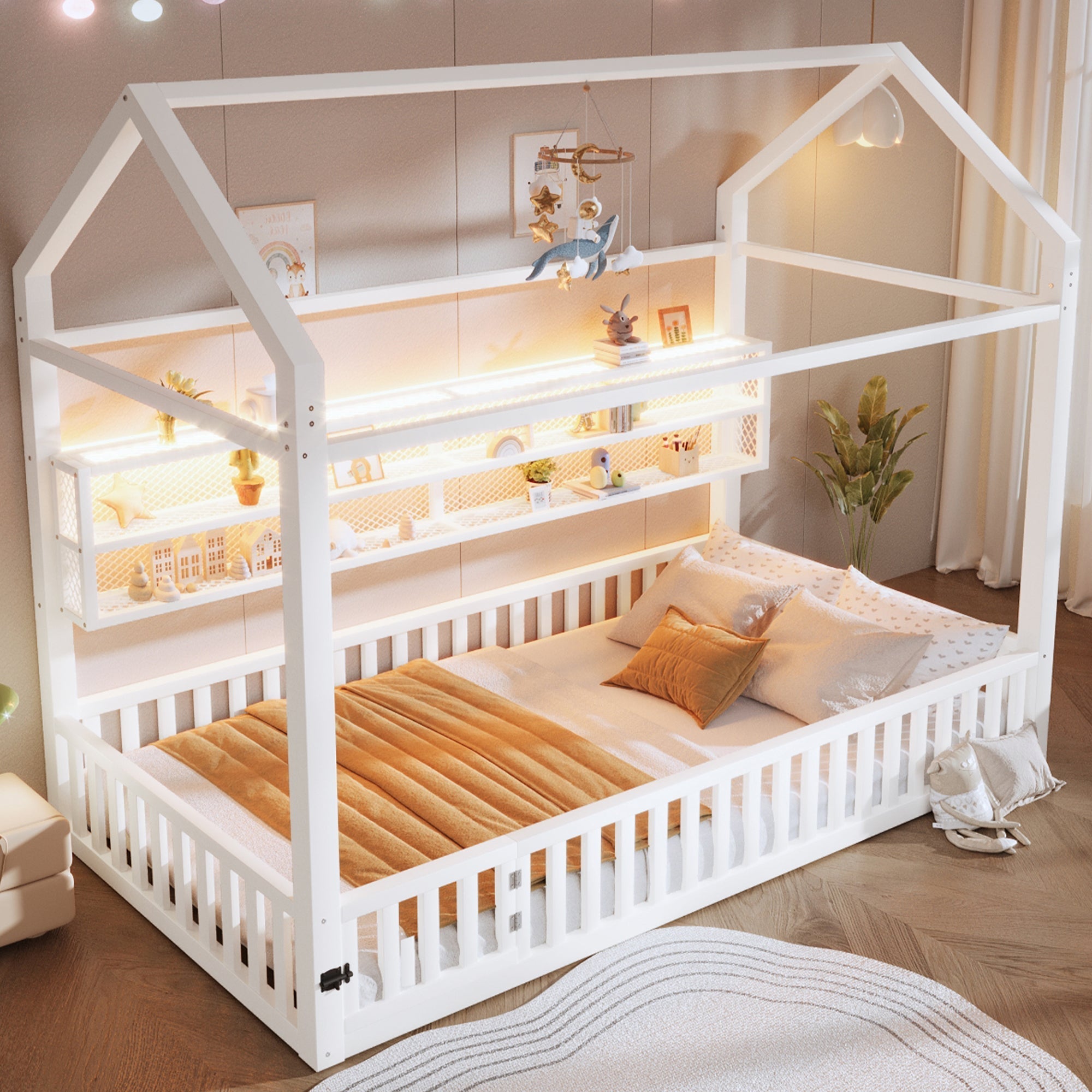 House-Shaped Platform Bed with Fence and LED Lighting, 90x200cm, White Metal