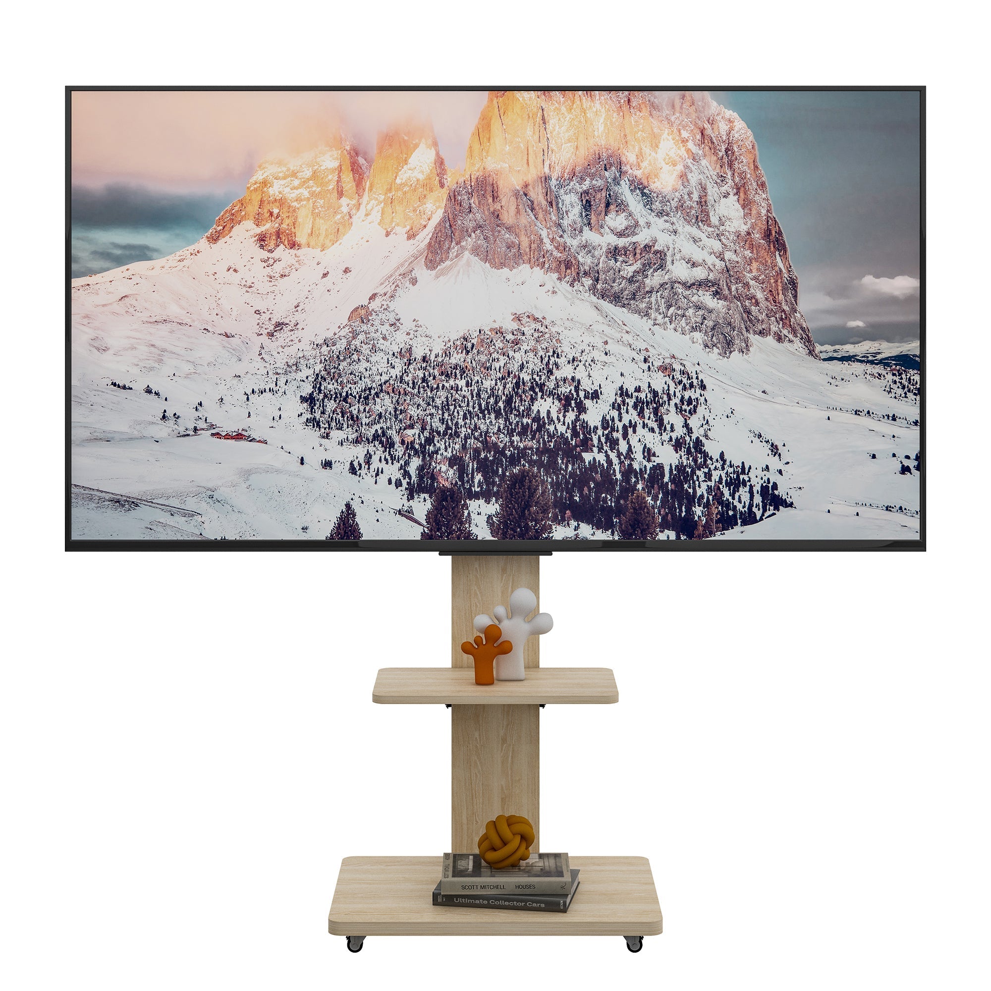 Mobile TV Stand Height-Adjustable Storage 32-75 Inch Lockable Wheels - Natural