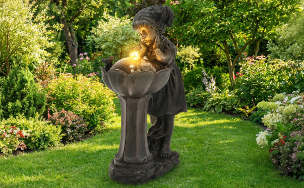 Girl Figurine LED Outdoor Fountain with Tranquil Water Feature, 65.5 cm, Copper Color