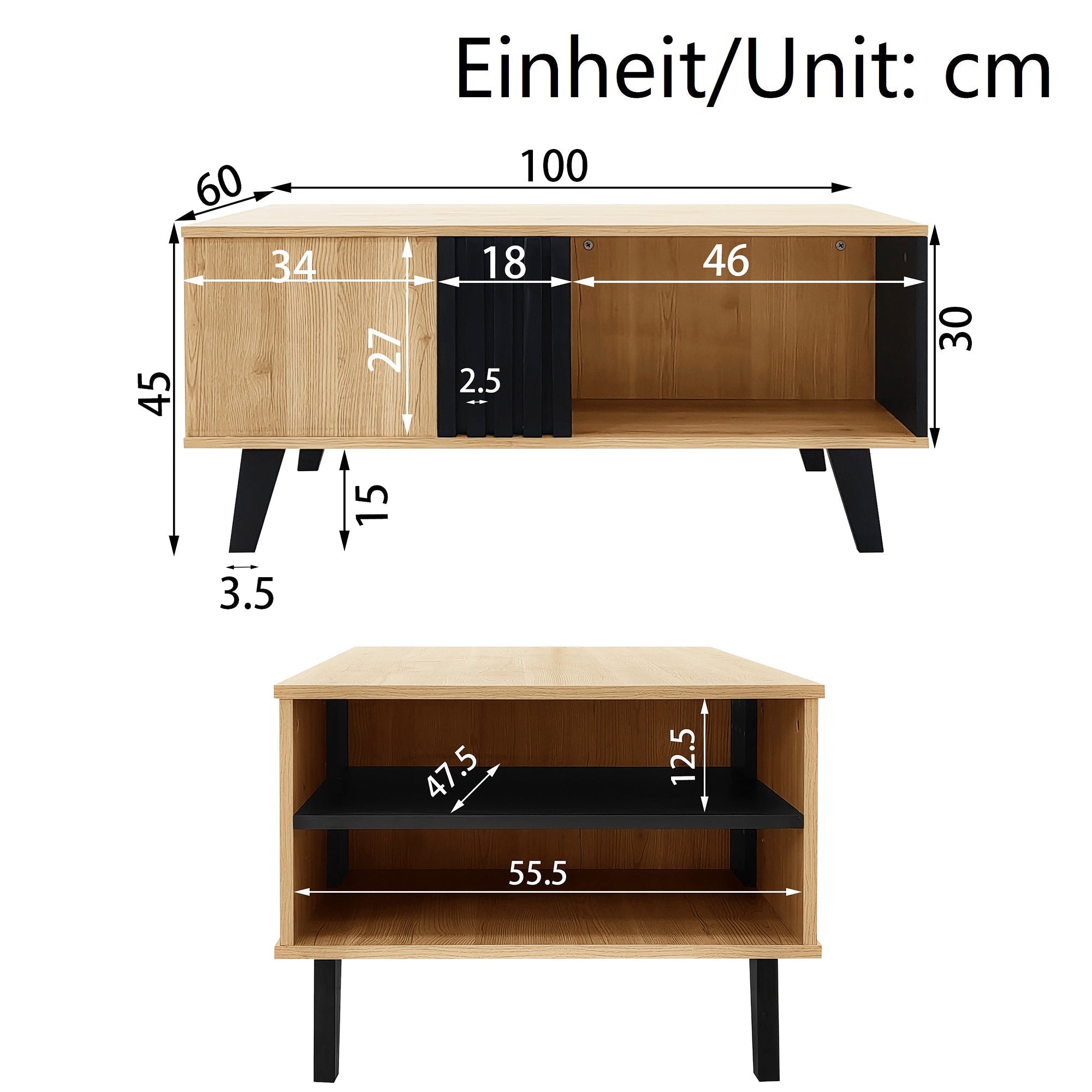 Coffee Table with Drawers and Side Storage, 100 x 60 x 45 cm, Black and Wood