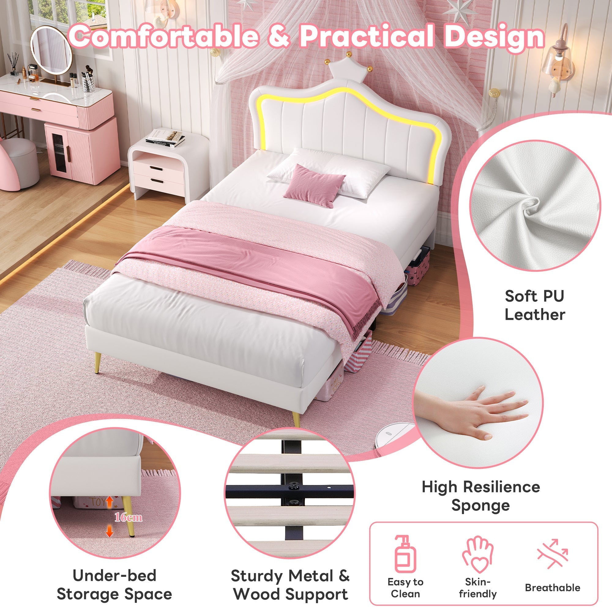 3ft Single Upholstered Bed with LED Adjustable Crown Shape Headboard, Cream White PU Leather
