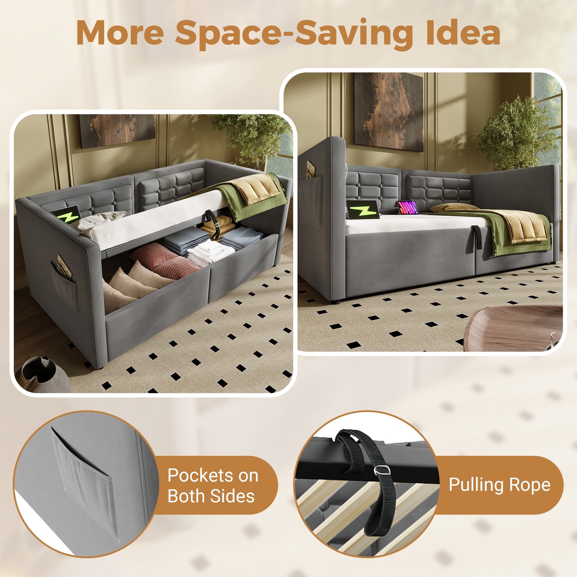 Daybed Upholstered Bed 90 x 190 cm 3FT Single Sofa Bed with Charging Station, Hydraulic Storage, Velvet Grey (No Mattress)