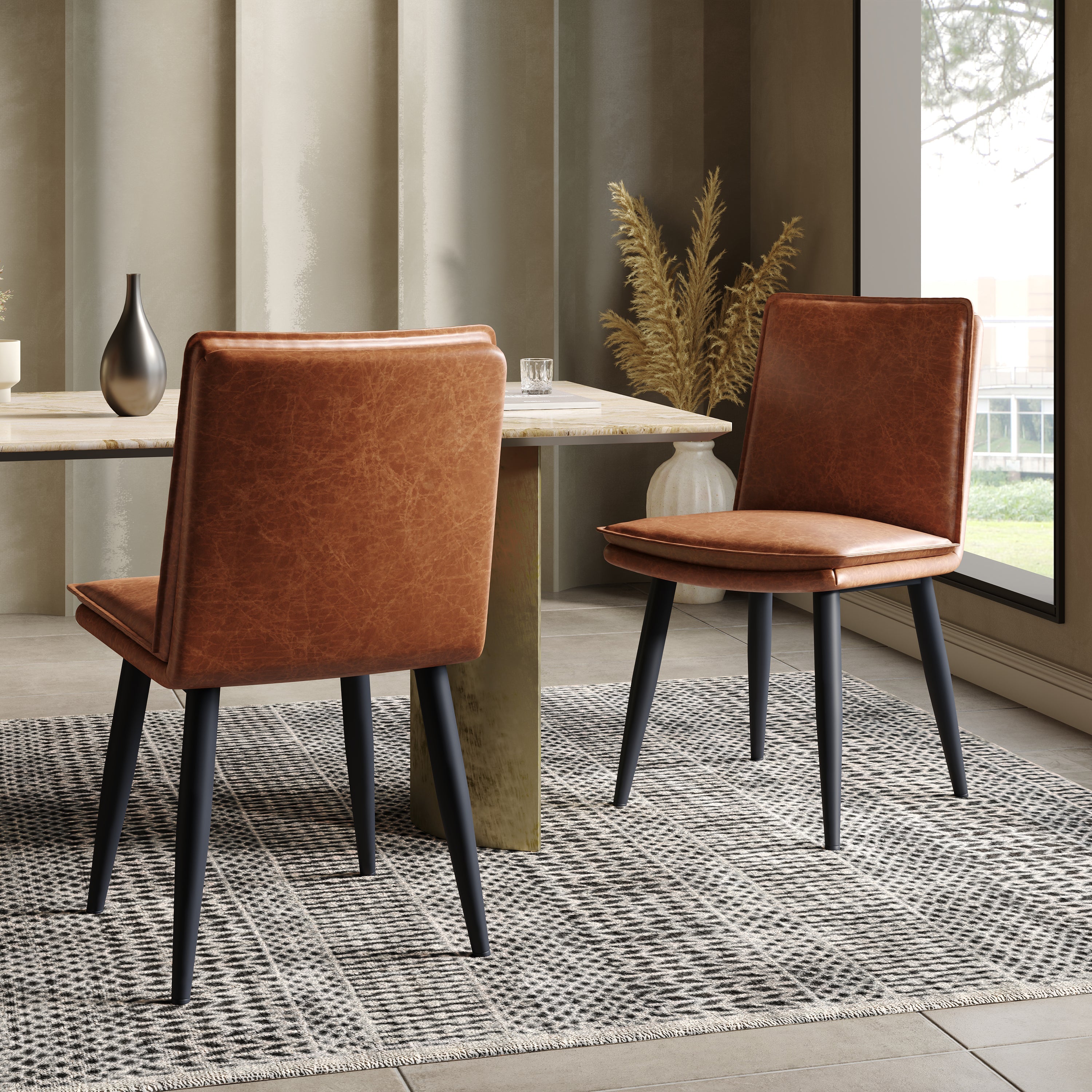 2 Dining Chairs PU Leather Double Cushion Modern - Brown