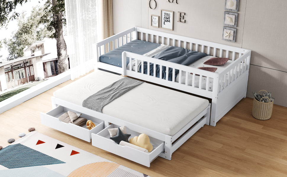 Solid Wood Sofa Bed, Pull-Out 90x200cm Safety Rail Storage, White