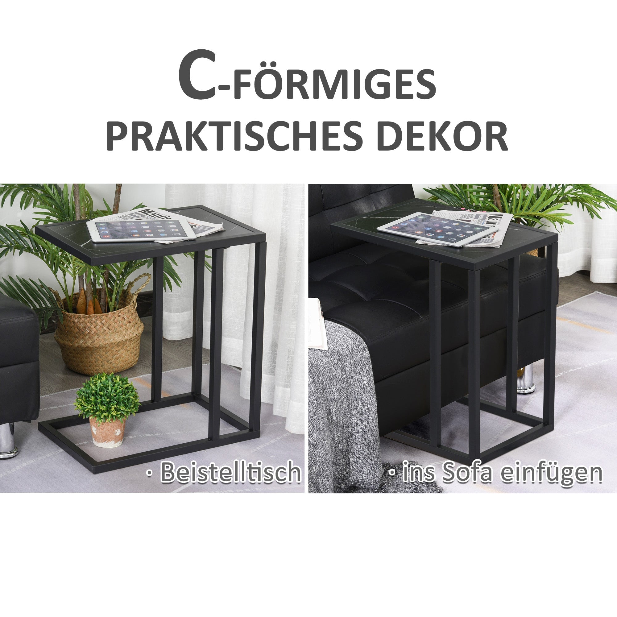 Side Table Coffee Table Marble Look Metal Frame, Black