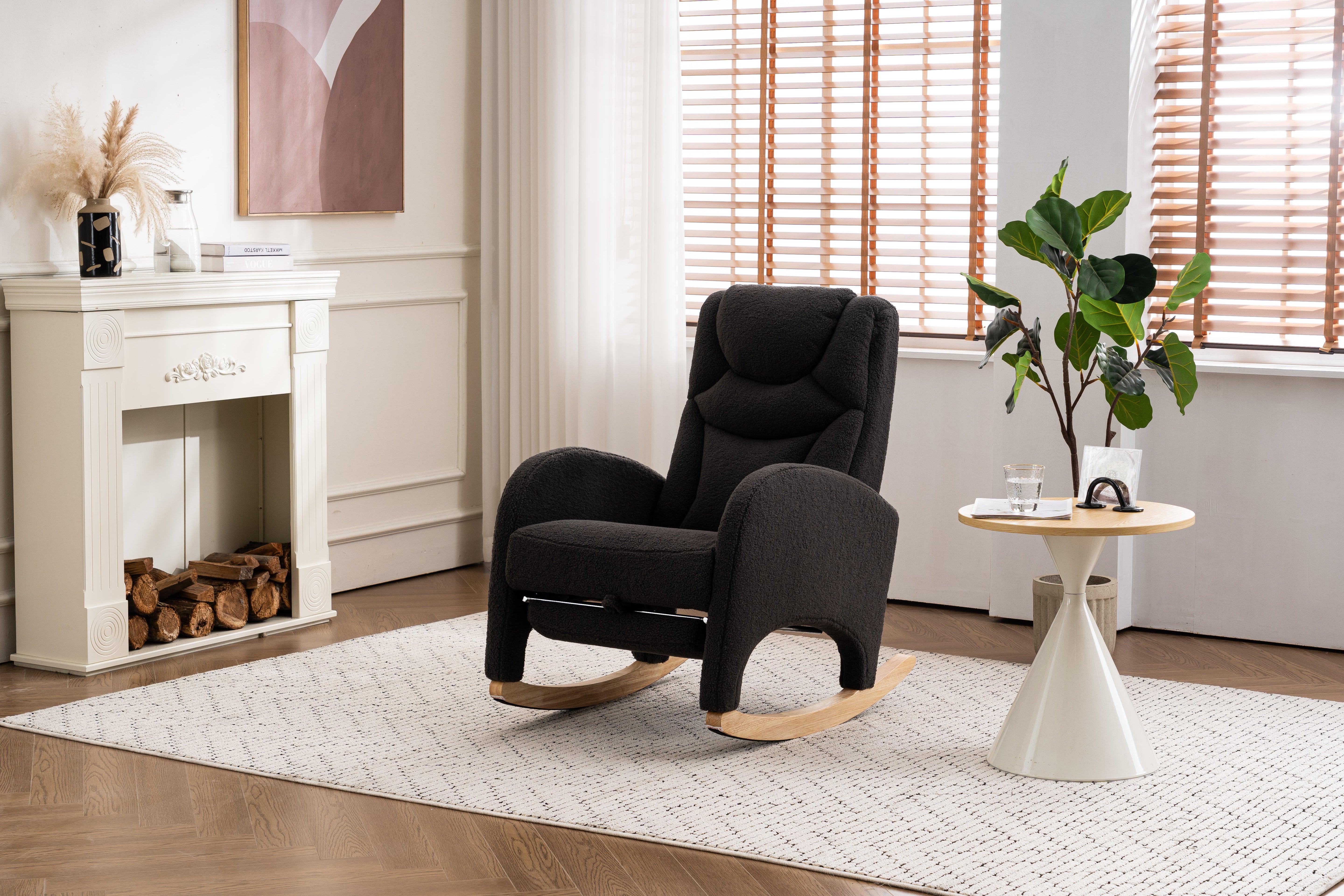 052 Rocking Chair, Upholstered with Armrest, Dark Grey Teddy Fabric