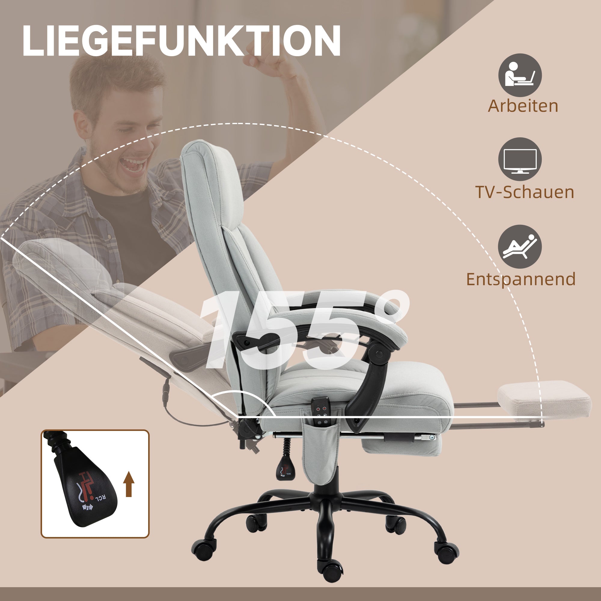 Vinsetto Massage Office Chair, Reclining Ergonomic Footrest, Light Grey