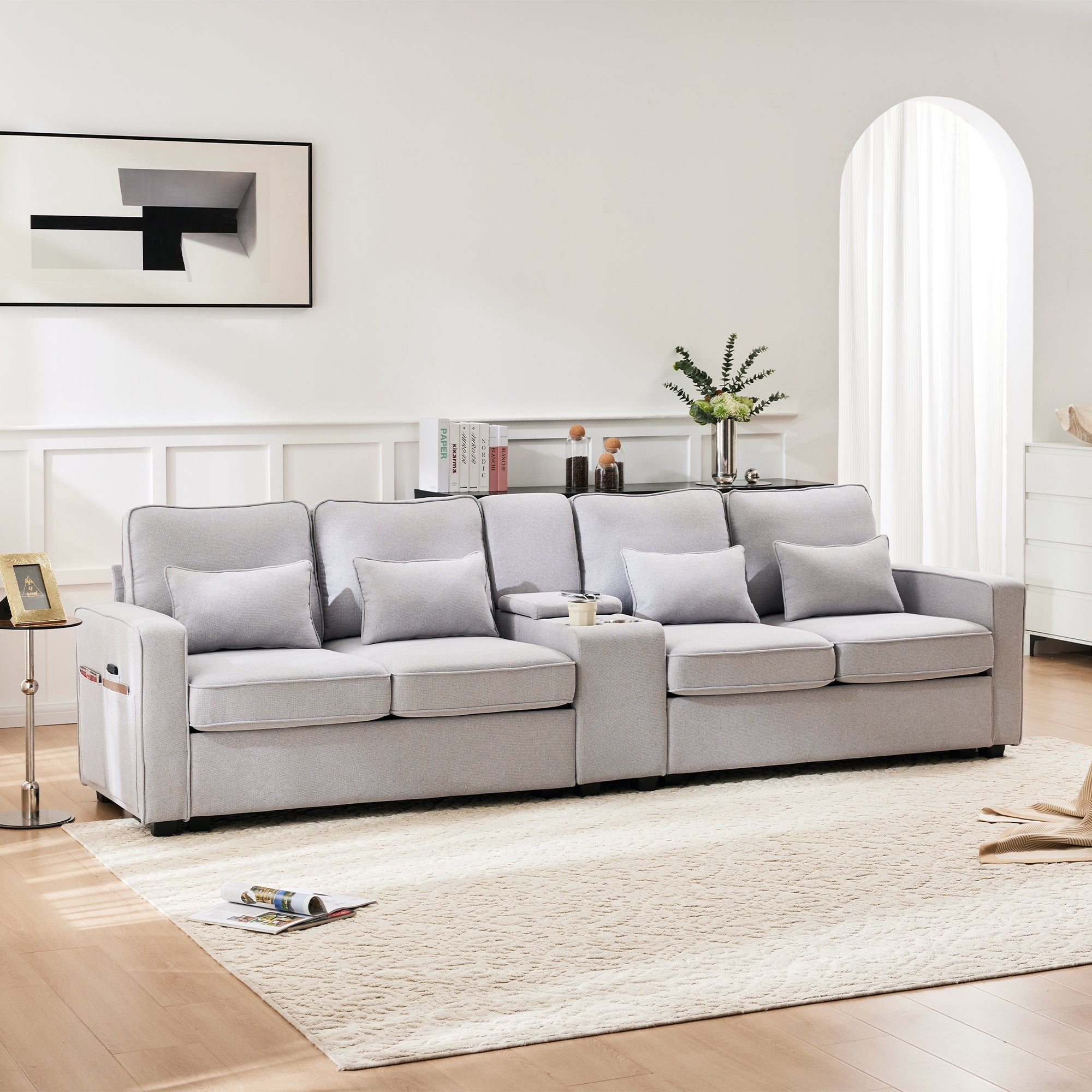 Sofa, 4-Seater with Console, Cupholders, USB, Linen Fabric