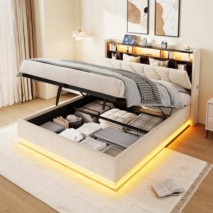 Multifunctional Bed with LED Lighting and USB Charging Station, 140x190cm, Beige