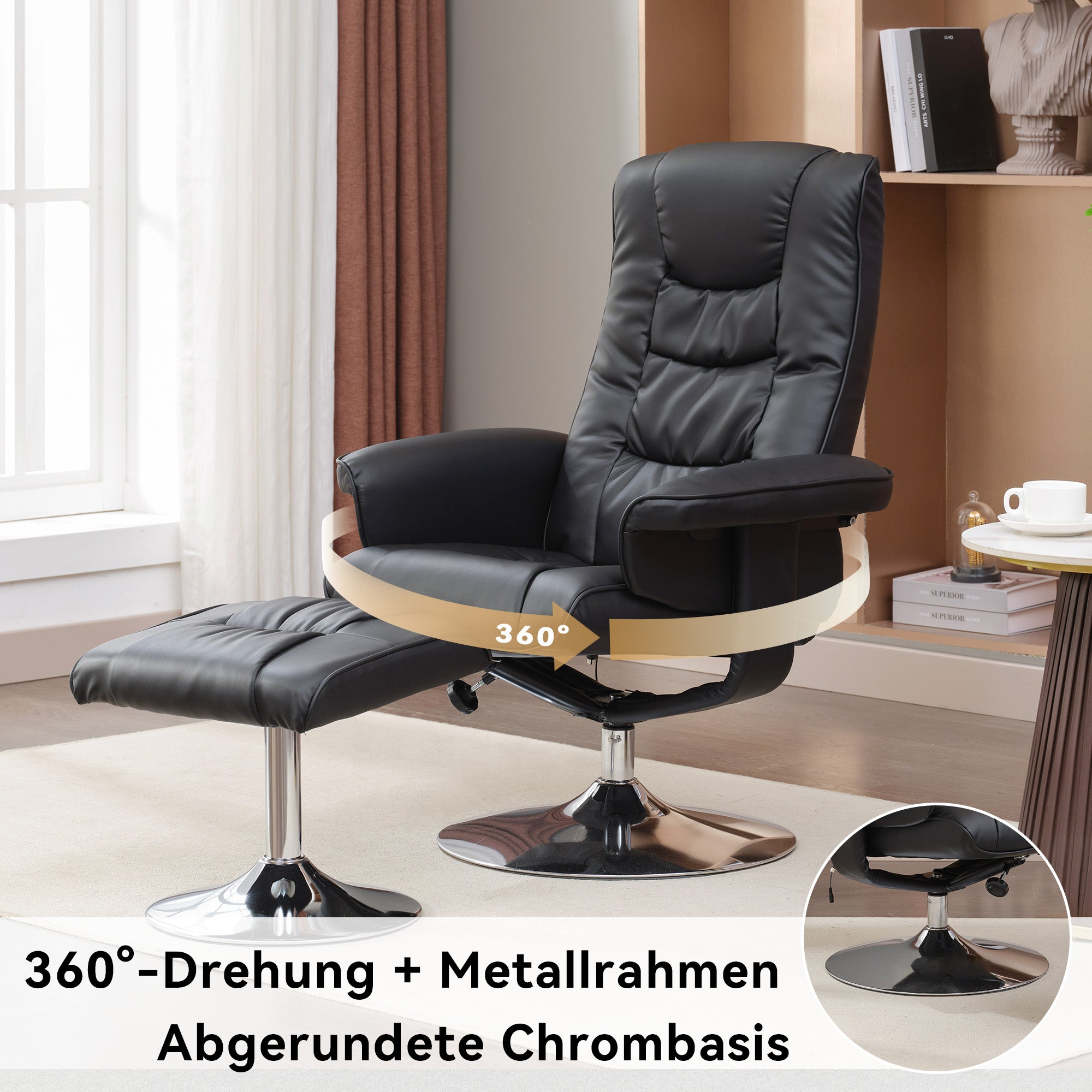 Massage Chair with Ottoman, 5-Point Massager, PU Upholstery, Black