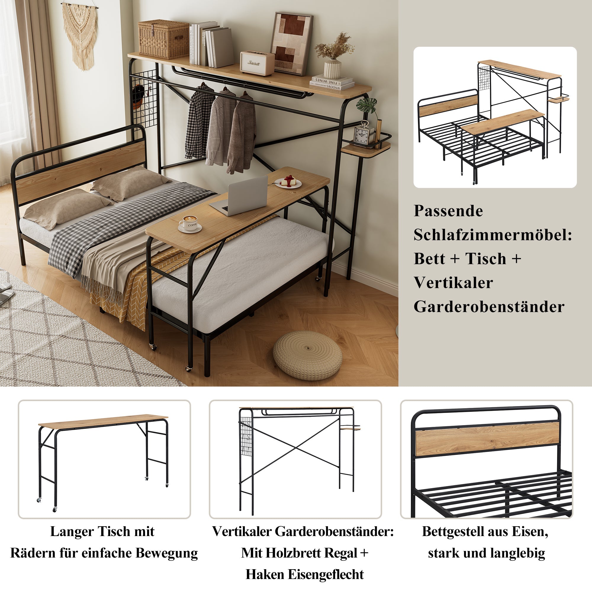 Metal Bed, Flat with Table & Coat Rack, Black & Natural Wood
