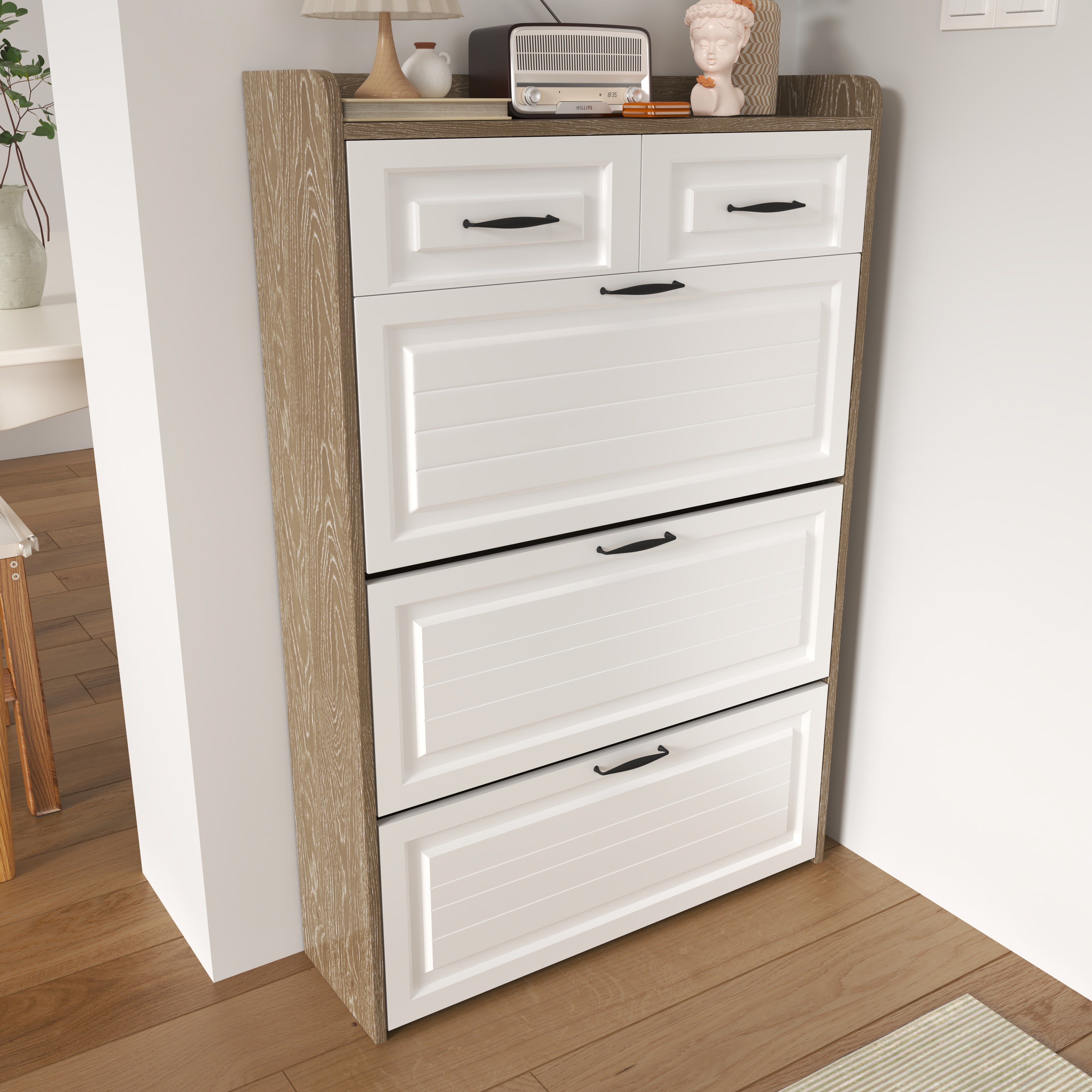 Shoe Cabinet Rotating Shoe Rack with 3 Doors and 2 Drawers Wood