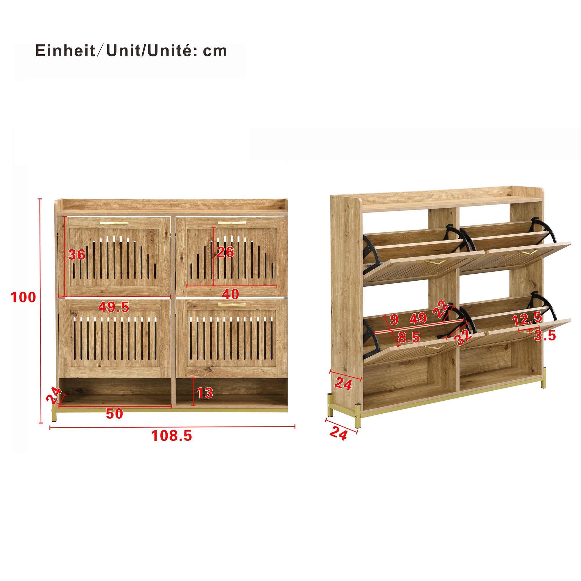 Shoe Cabinet 4 Doors, Vertical Slatted, Space-Saving with Shelf, Wood/Metal