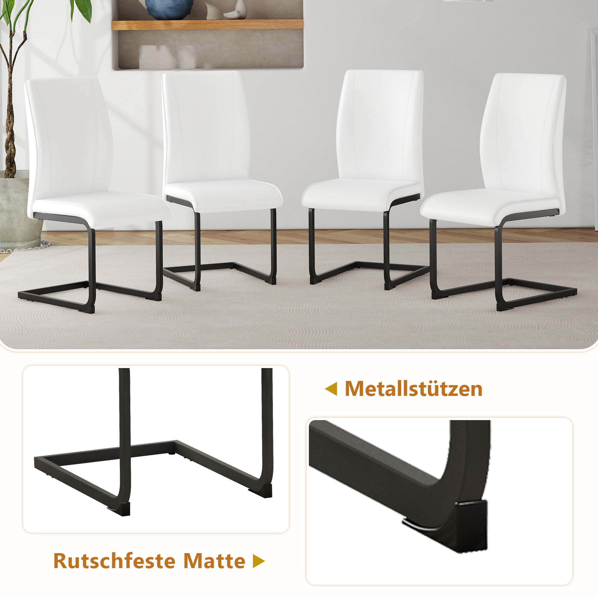Table Set Rectangular Dining Table Storage Shelf 4 Armchairs Faux Leather White