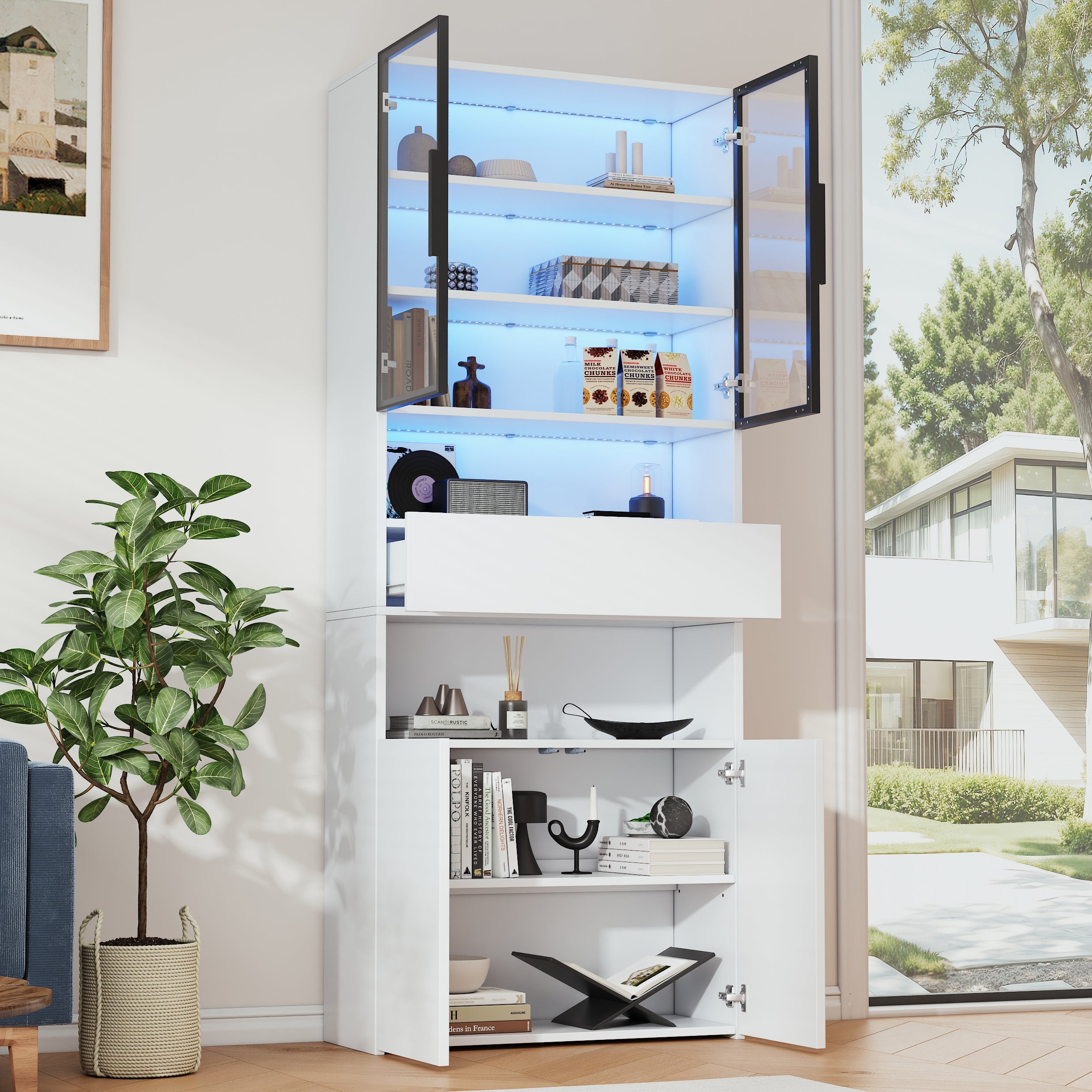 Display Cabinet with Drawers, Glass Doors & LED Lighting, 70x30x200cm, White