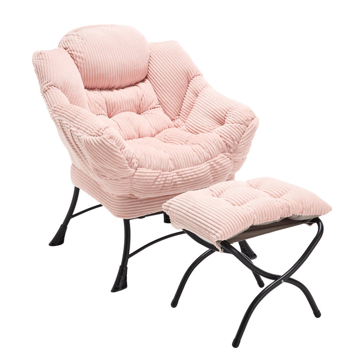 Lazy Chair with Ottoman, Modern Lounge Accent with Armrests & Side Pocket, Pink