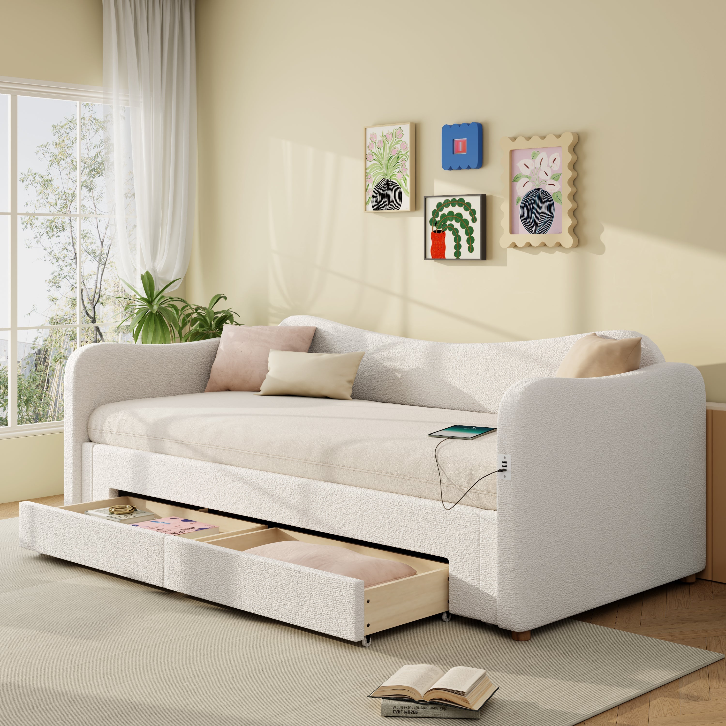 Upholstered Daybed with 2 Drawers, USB Port and Extendable Frame, 90-180x200cm, Beige Bouclé