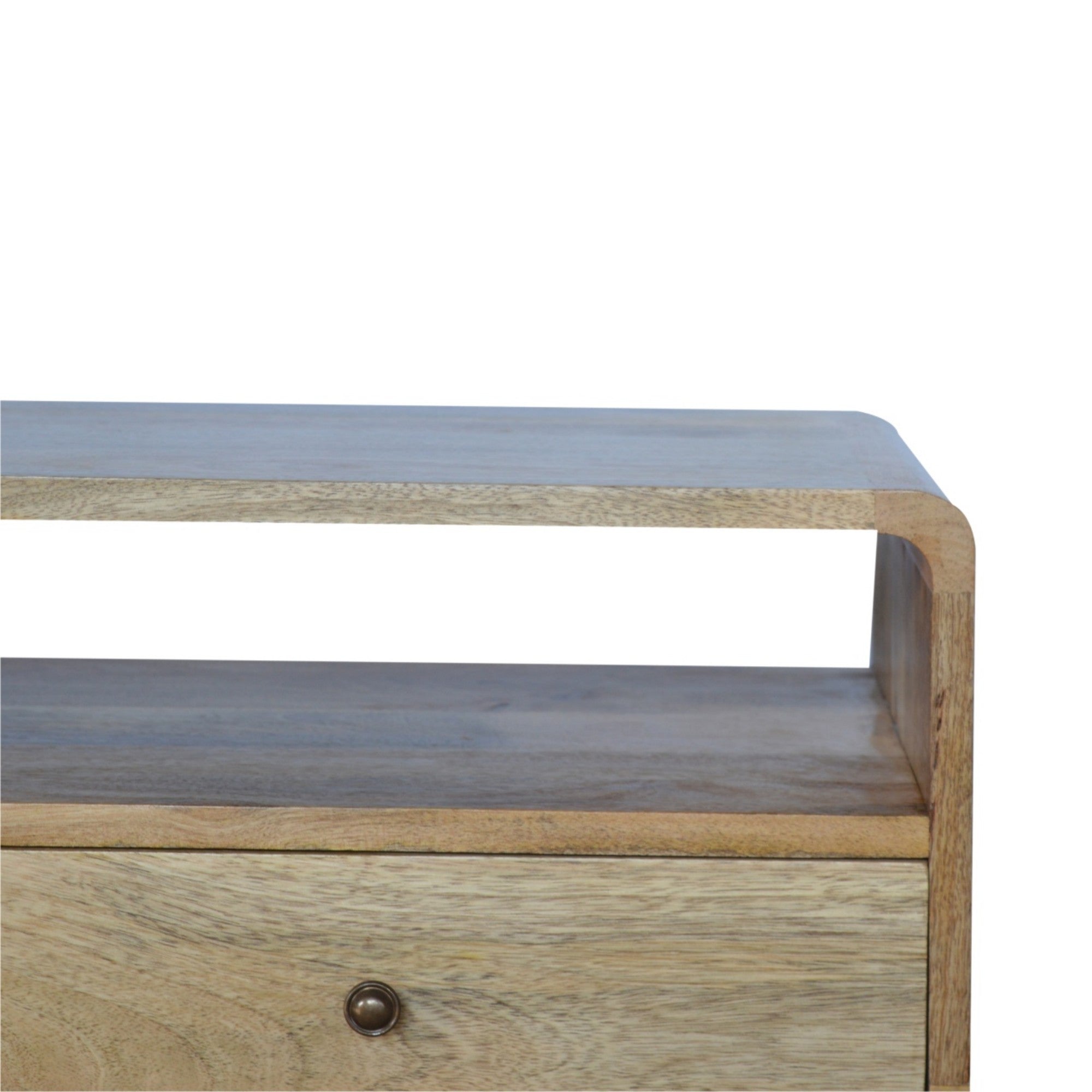 Solid Wood Curved Media Unit with 2 Drawers and Open Slot, Brown Oak-ish