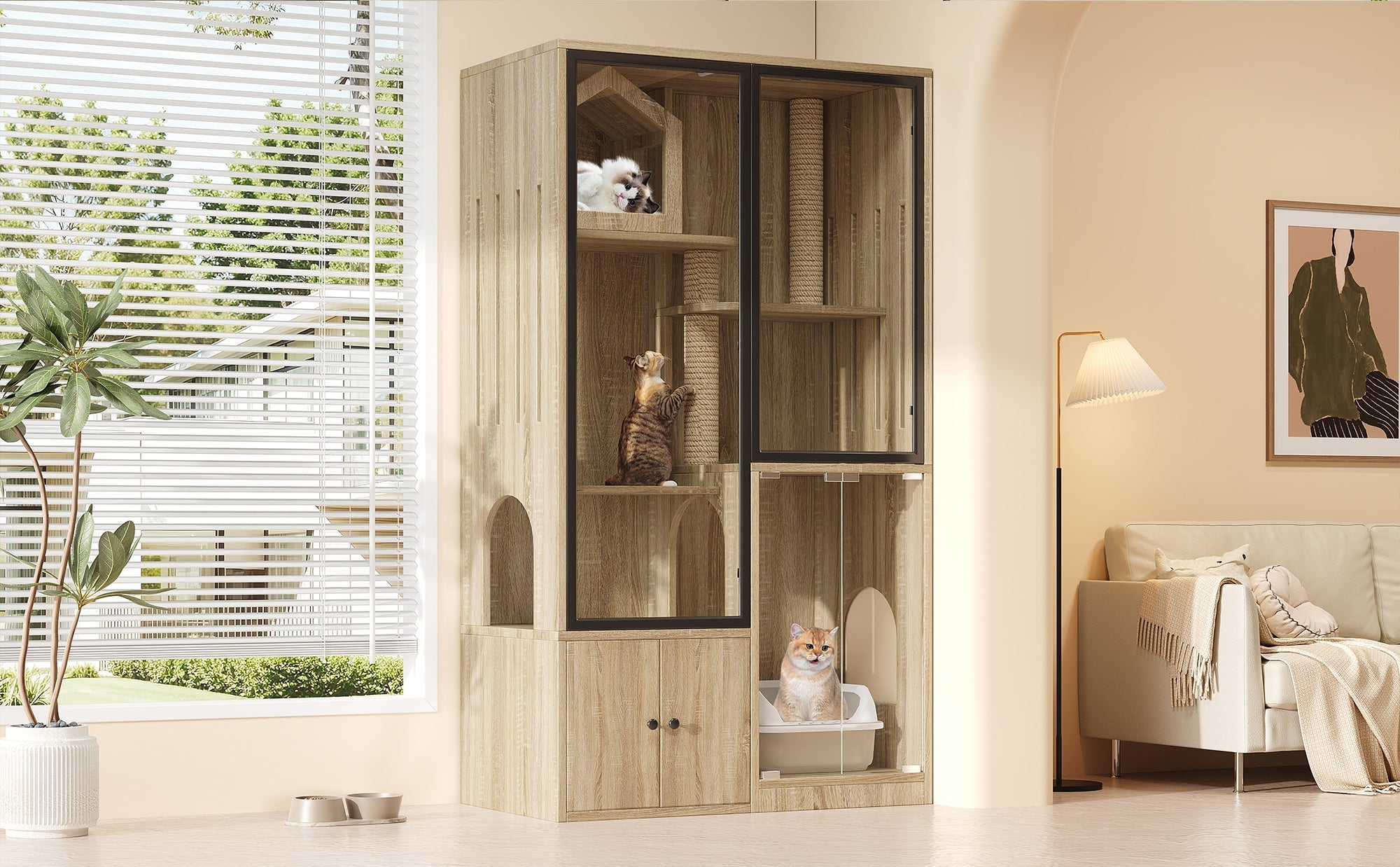 4-Story Glass Cat House Cage Winterproof 90x50x160cm - Natural Wood Color