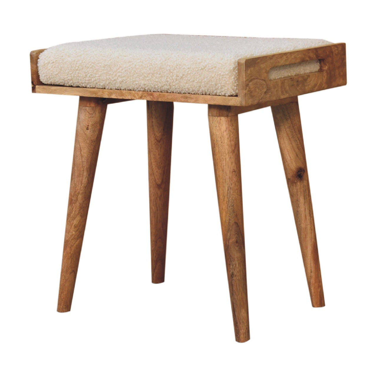 Solid Wood Footstool, Upholstered Tray Style Nordic Legs, Boucle Cream/Beige and Brown