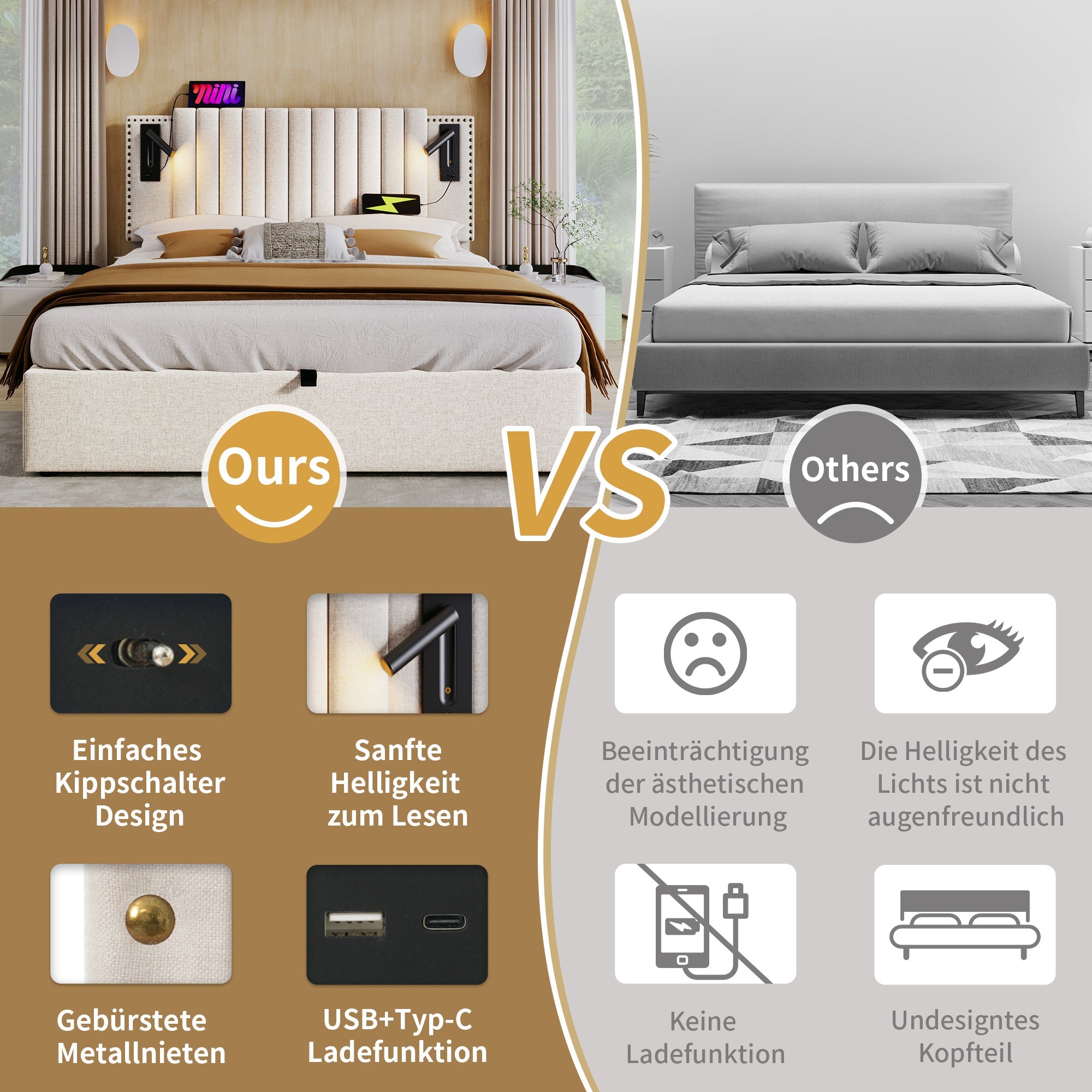 Upholstered Double Bed 180x200 with Storage, Bed Box and USB Reading Light, Beige Cotton