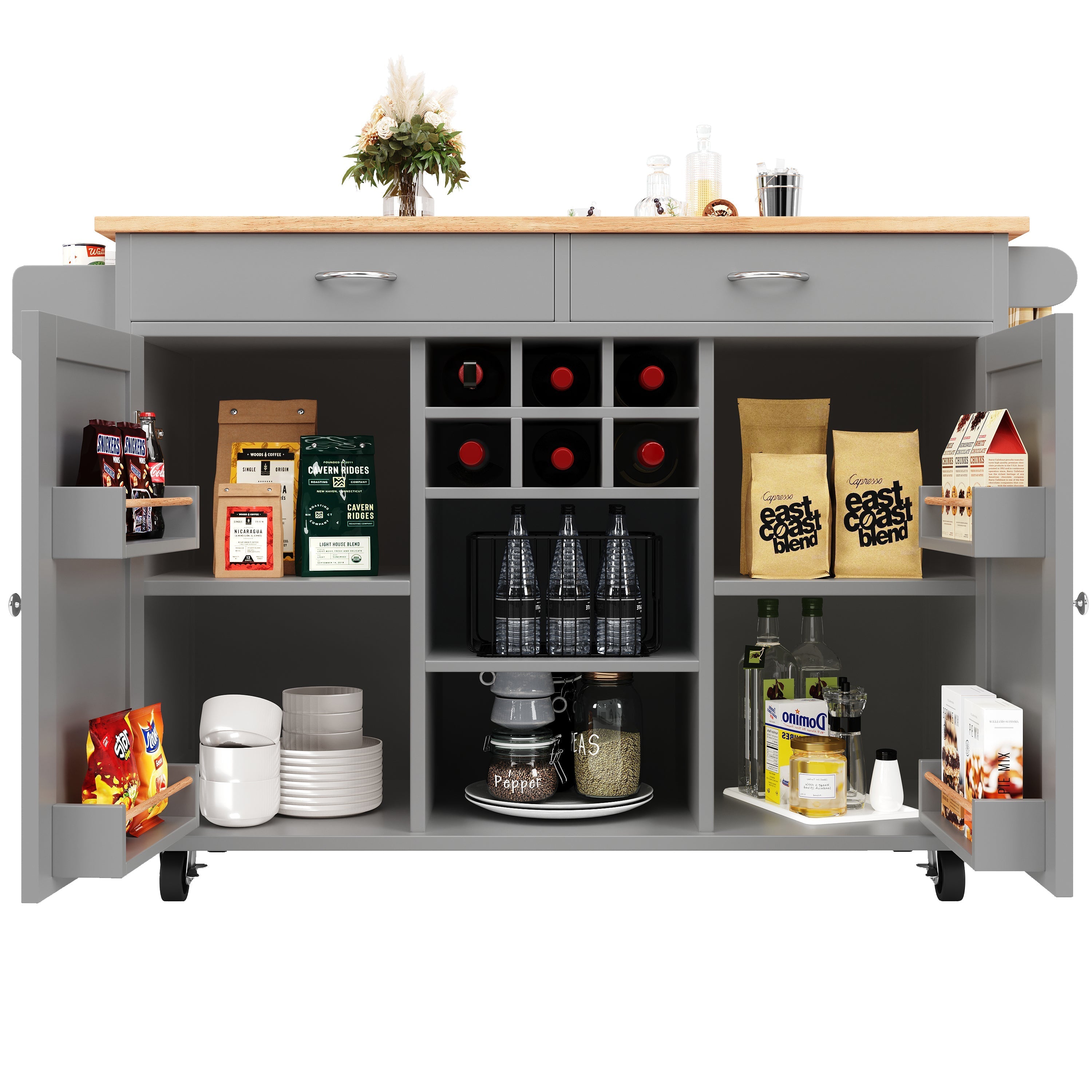 Kitchen Island Multifunctional Dining Table Storage Wood Grain - Grey