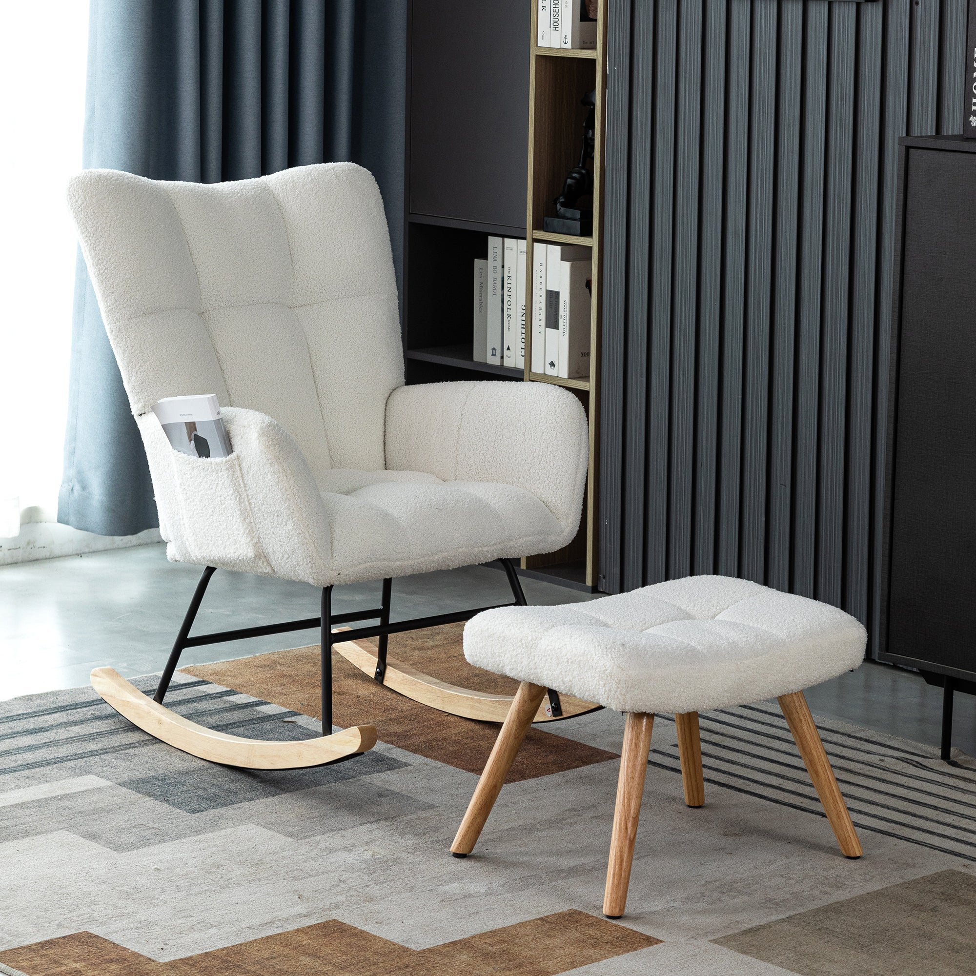Ergonomic Rocking Chair with Footstool, Rubber Wood Frame, White
