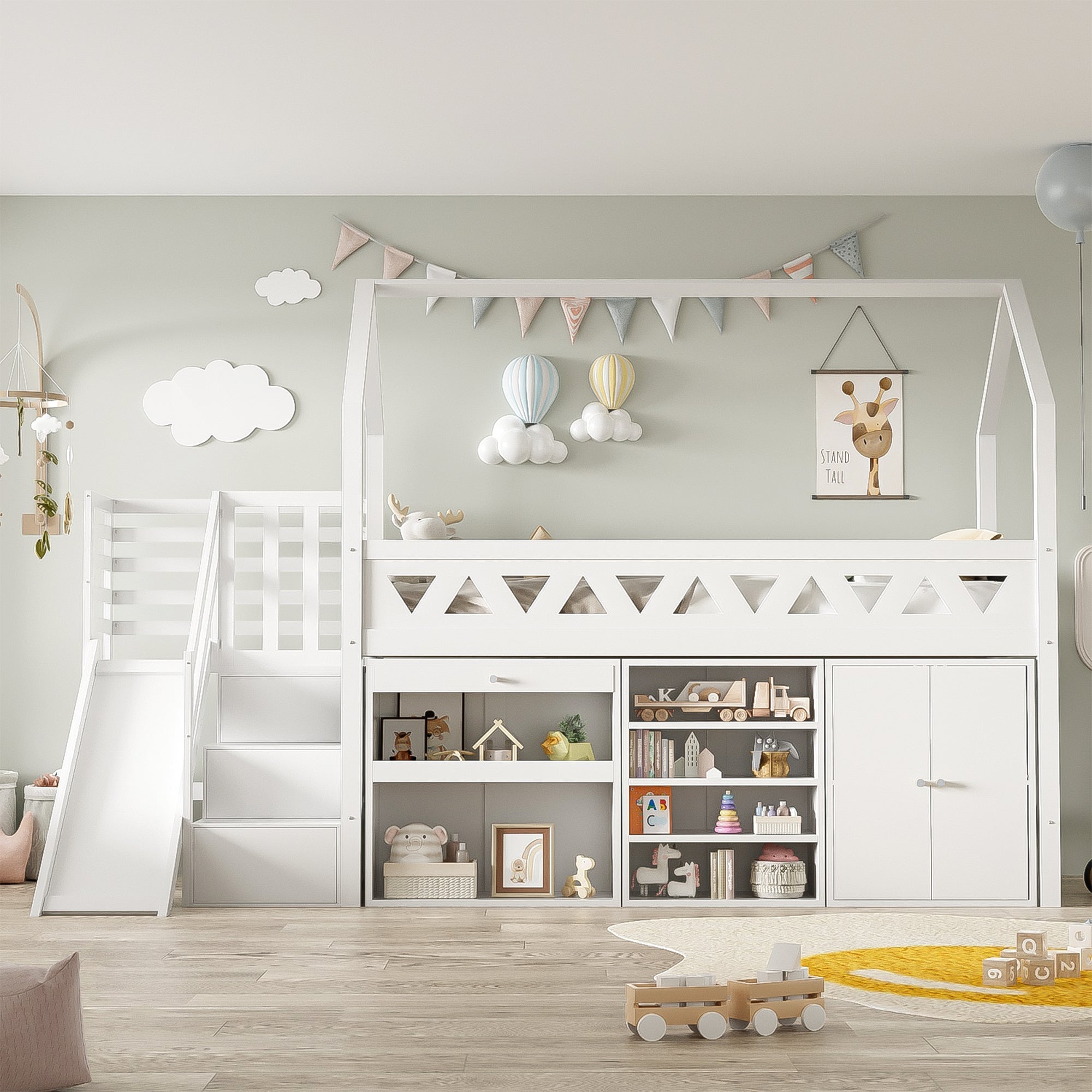 Children's Single Bed - Multifunctional Solid Wood Bed Frame with Slide, Stairs, Storage Drawers, and Magnetic Locker Door - White