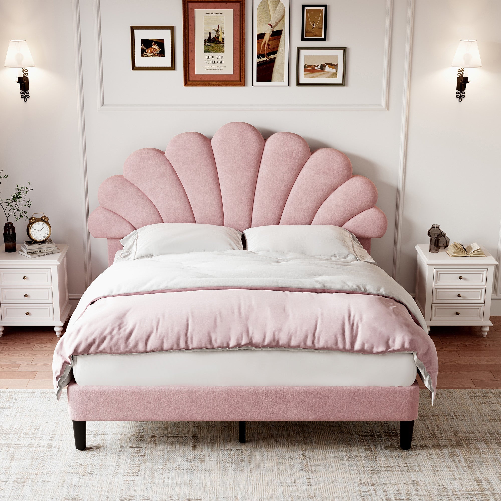 4ft6 Double Upholstered Velvet Bed Frame, Adjustable Chic Petal Headboard, Pink