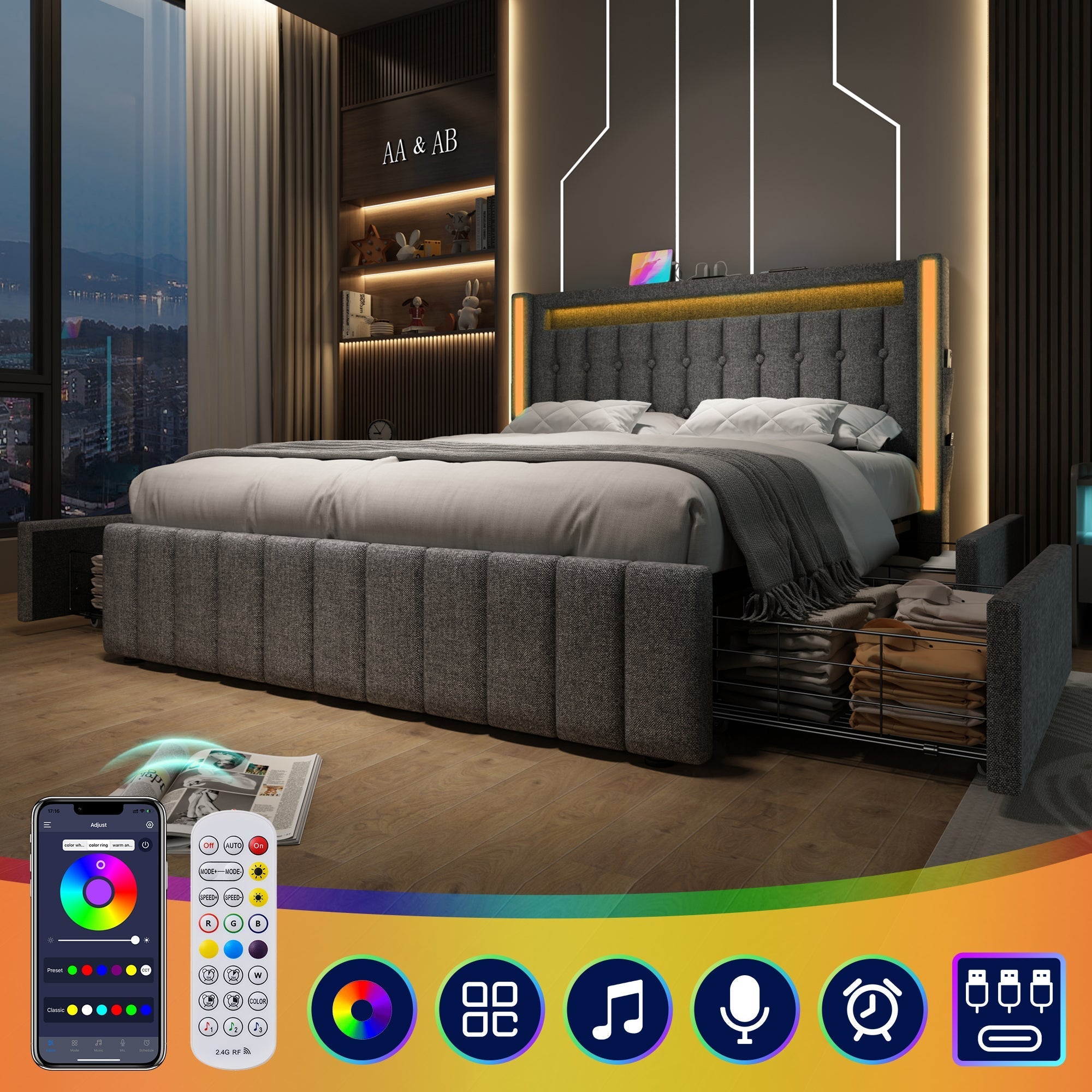 Upholstered Bed, USB C LED 4-Drawer, 160x200cm, Wood Frame, Gray