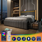 Upholstered Bed with USB Type C, LED & 4 Drawers, 160x200cm, Gray Wood