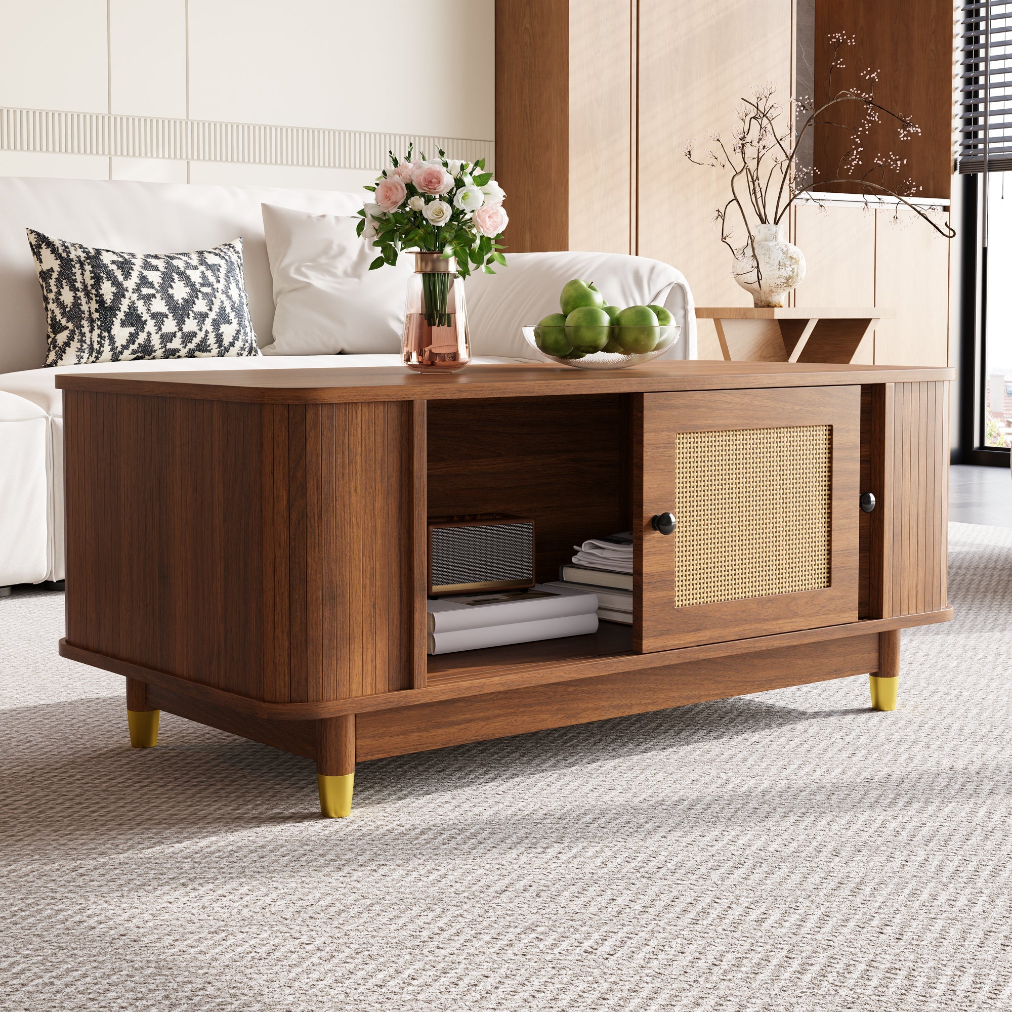 Coffee Table with Rattan Sliding Doors and Rounded Corners, Modern Wood Look MDF