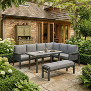 Garden Dining Set, 8 Person Corner Furniture with Glass Table and Benches, Grey PE Braided Rope