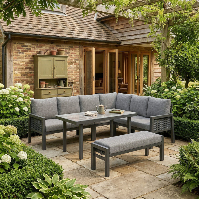 Garden Dining Set, 8 Person Corner Furniture with Glass Table and Benches, Grey PE Braided Rope