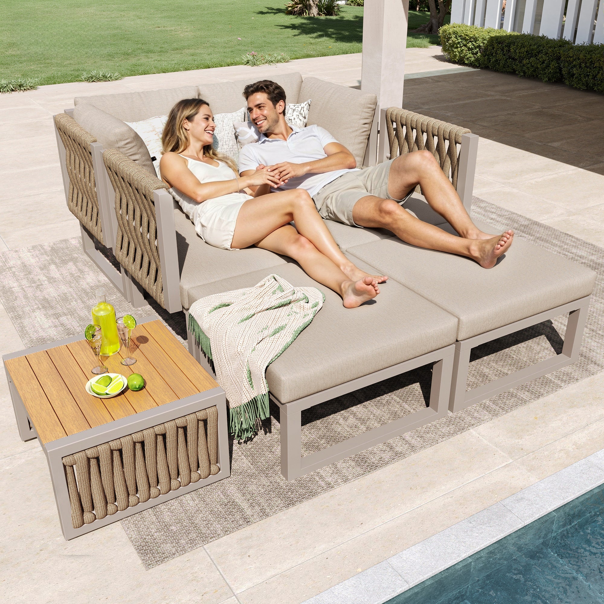 Garden Furniture Set 6 Person Double Lounger Adjustable Backrest Cushions - Beige