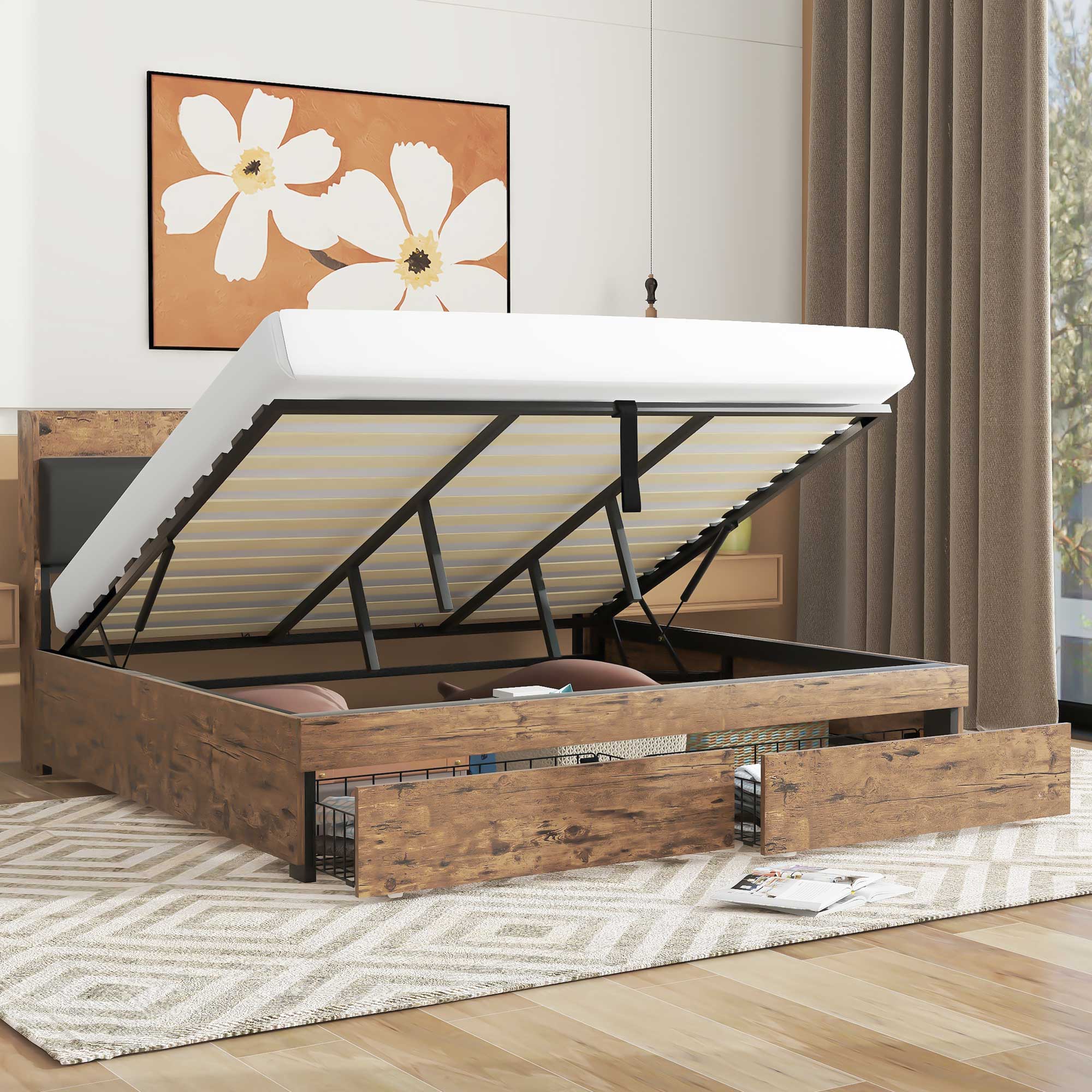 Hydraulic Metal Double Bed with Storage Headboard and Slatted Base, 180x200cm, Wood Color and Black