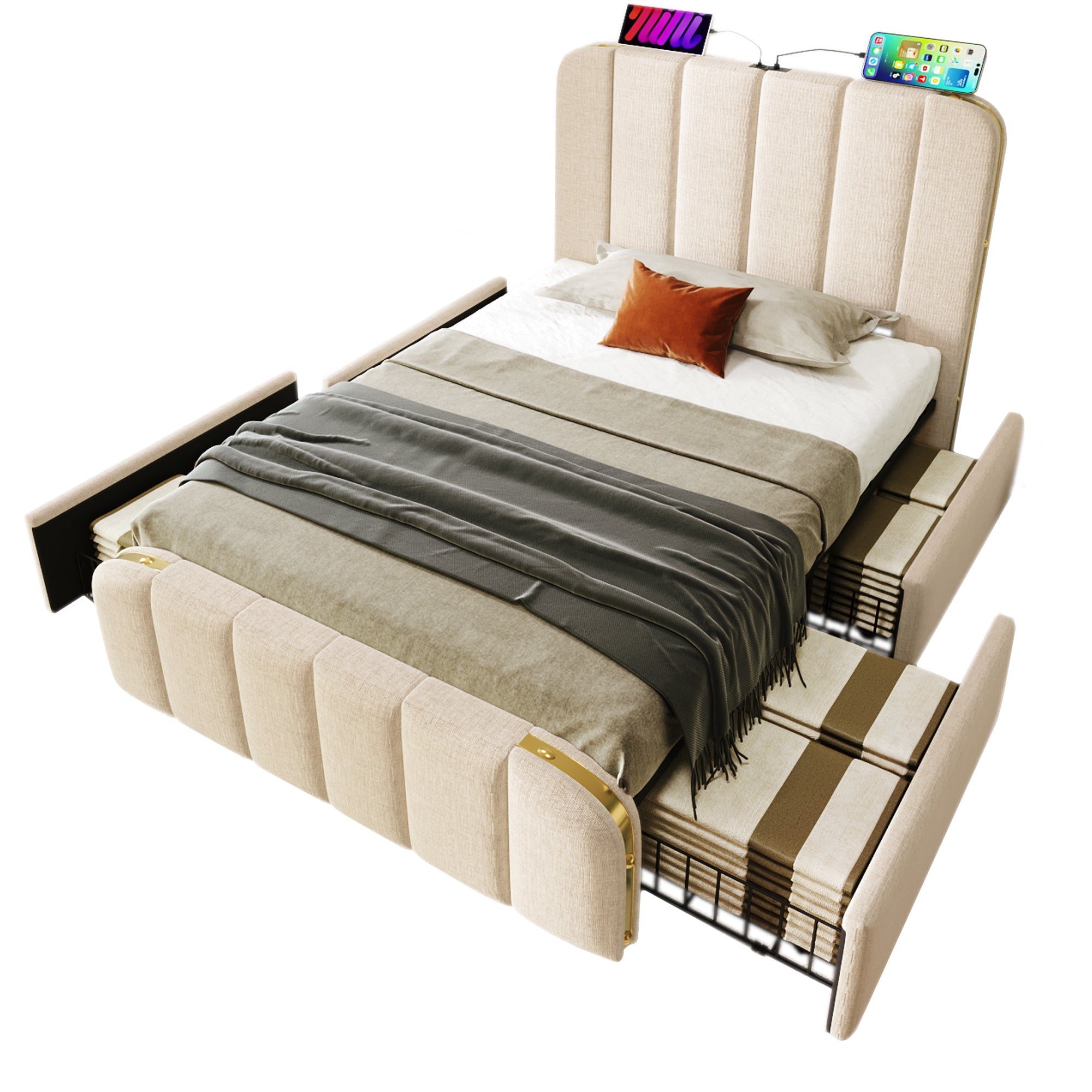 Upholstered Single Bed, Headboard with USB-C Charging, 4 Drawers, Beige Linen