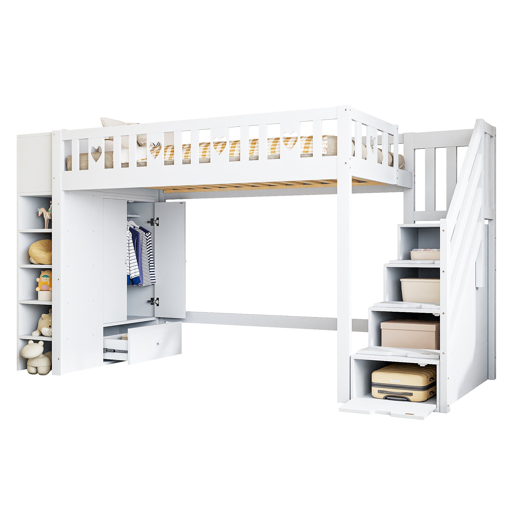 Loft Bed 90x200cm Storage Ladder Shelves Fold-Down Cabinet Love Railing - White