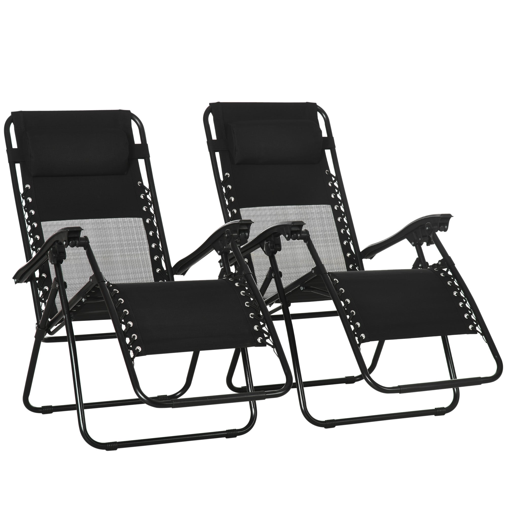 Garden Recliner Chairs Set of 2, Outdoor Foldable Zero Gravity w/ Footstool and Headrest, Black