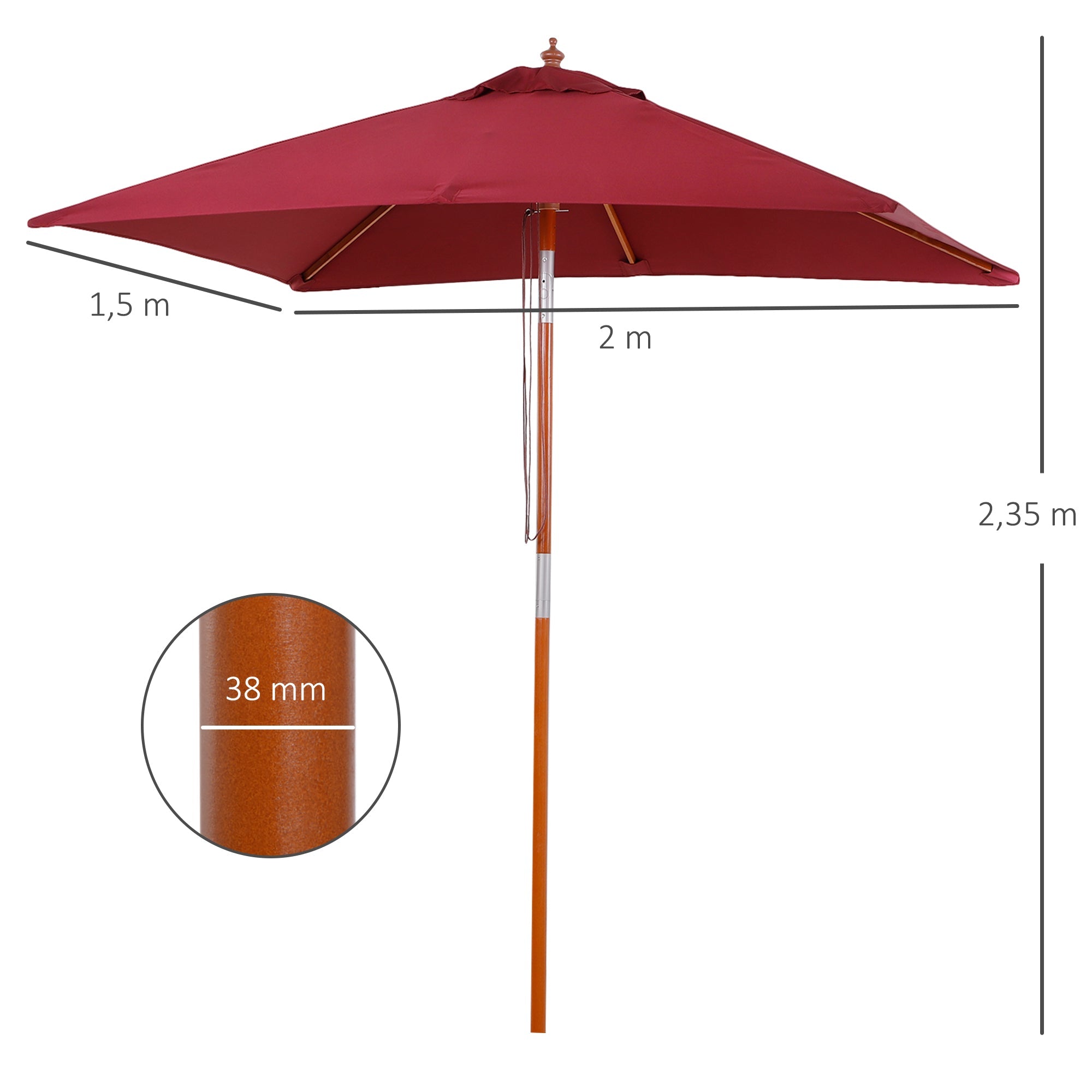 Cantilever Parasol/Sunshade, 3-Stage Adjustable 200x150x230cm for Balcony & Terrace, Fir Wood Wine Red