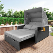 Polyrattan Garden Furniture Set for 2 People with Removable Awning, Grey