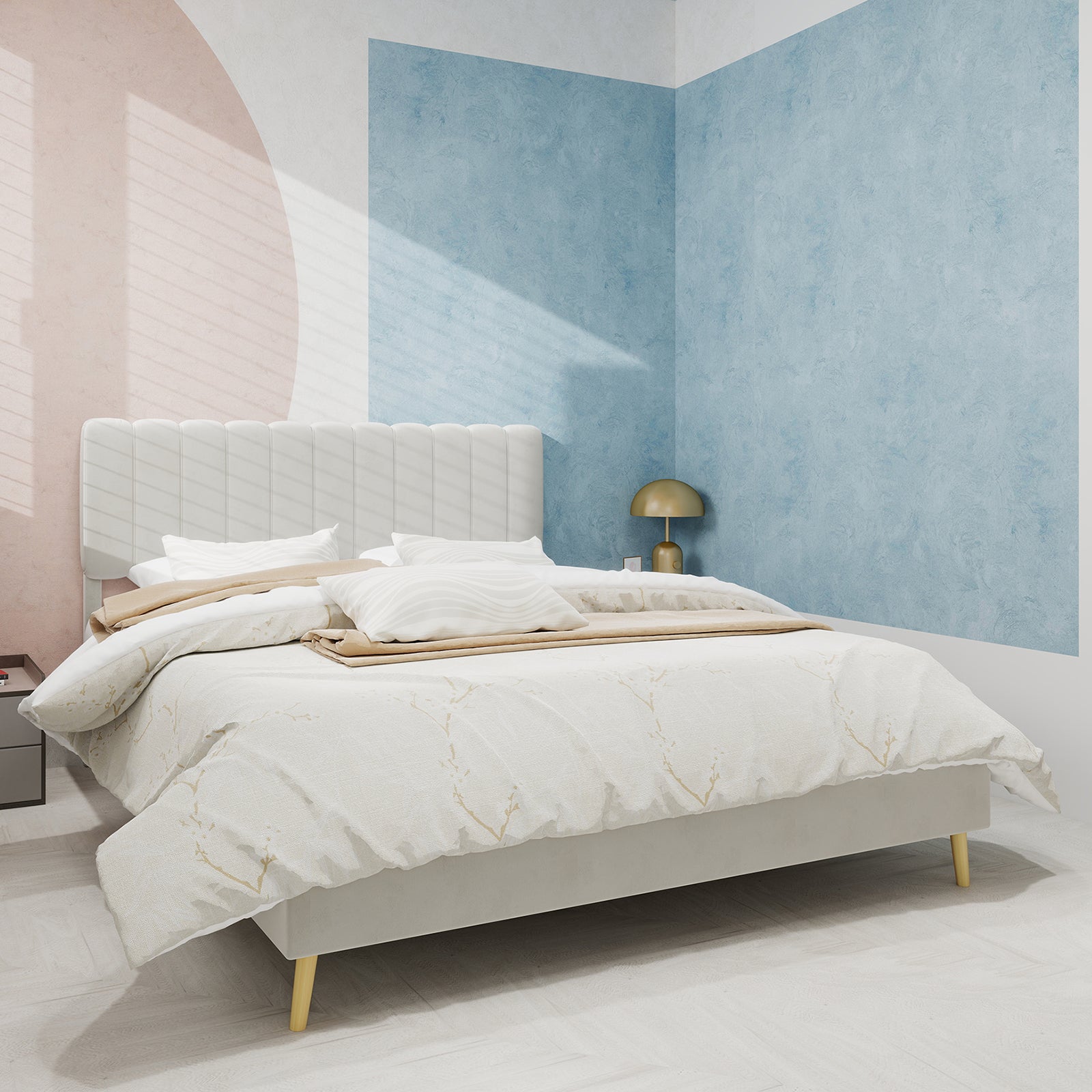Upholstered Bed, Modern Minimalist Plush Headboard, 160x200cm, Beige