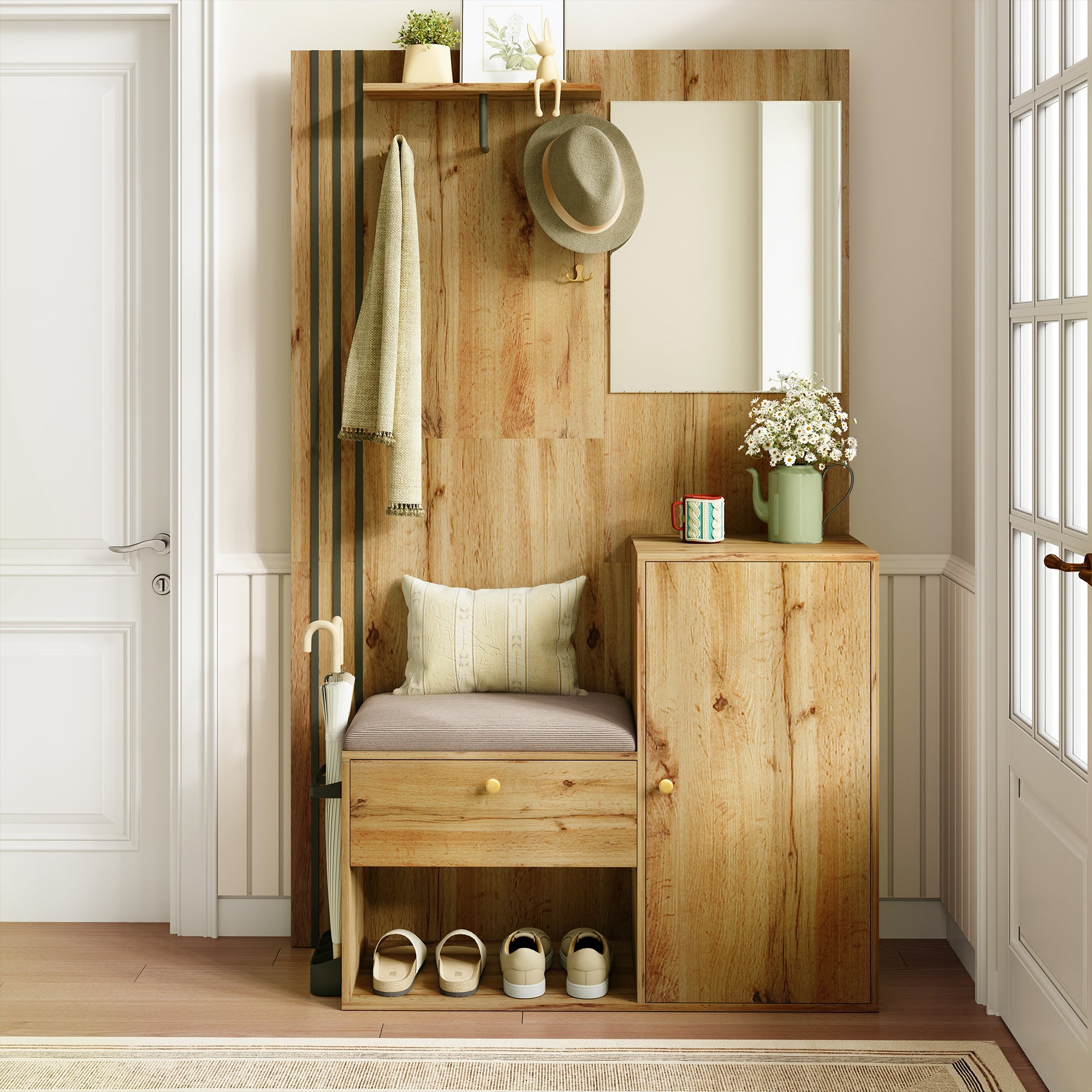Wardrobe Set, Compact Hallway with Mirror & Cushion, Black Trim