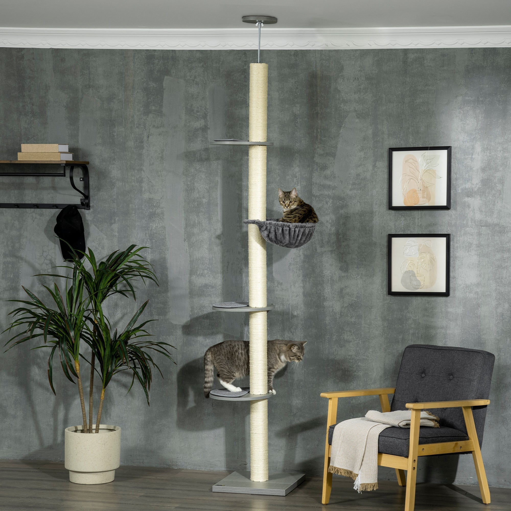 Cat Tree, Ceiling Height Adjustable with Scratching Posts, Grey Cream White