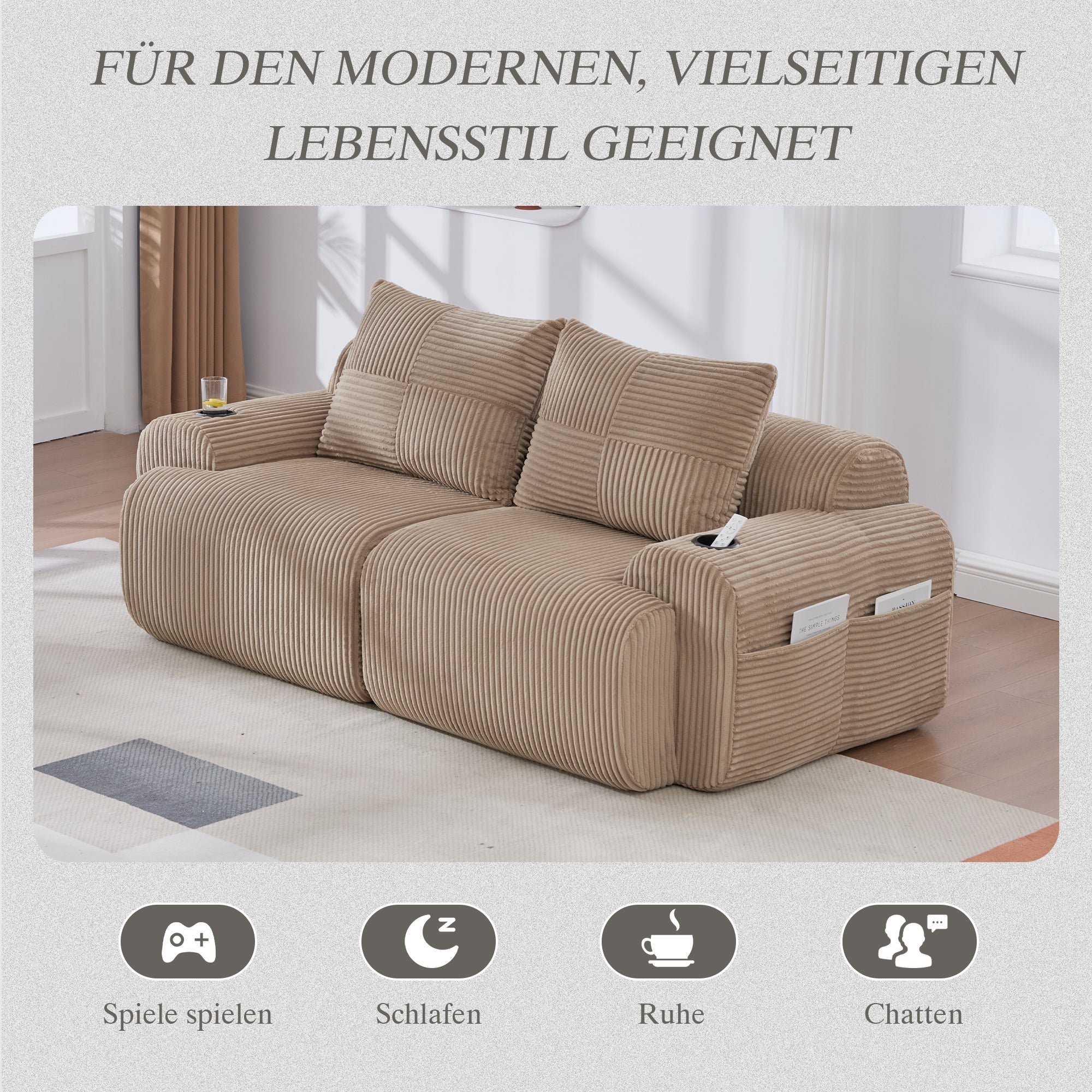 Modular 2-Seater Sofa with Cup Holder and Storage Pocket, Khaki Corduroy