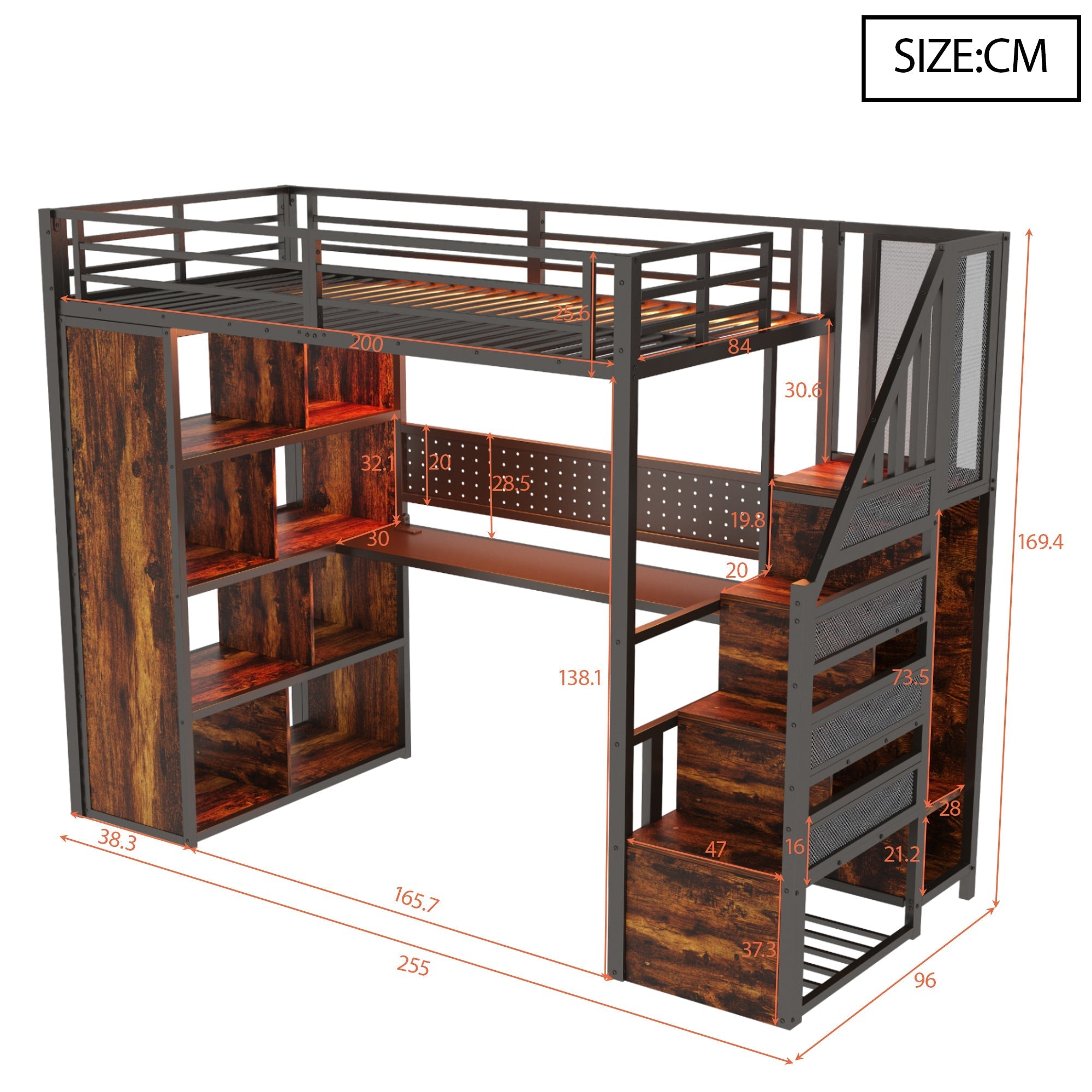Metal Loft Bed with Wardrobe, Desk and LED Light Strip, Black Metal