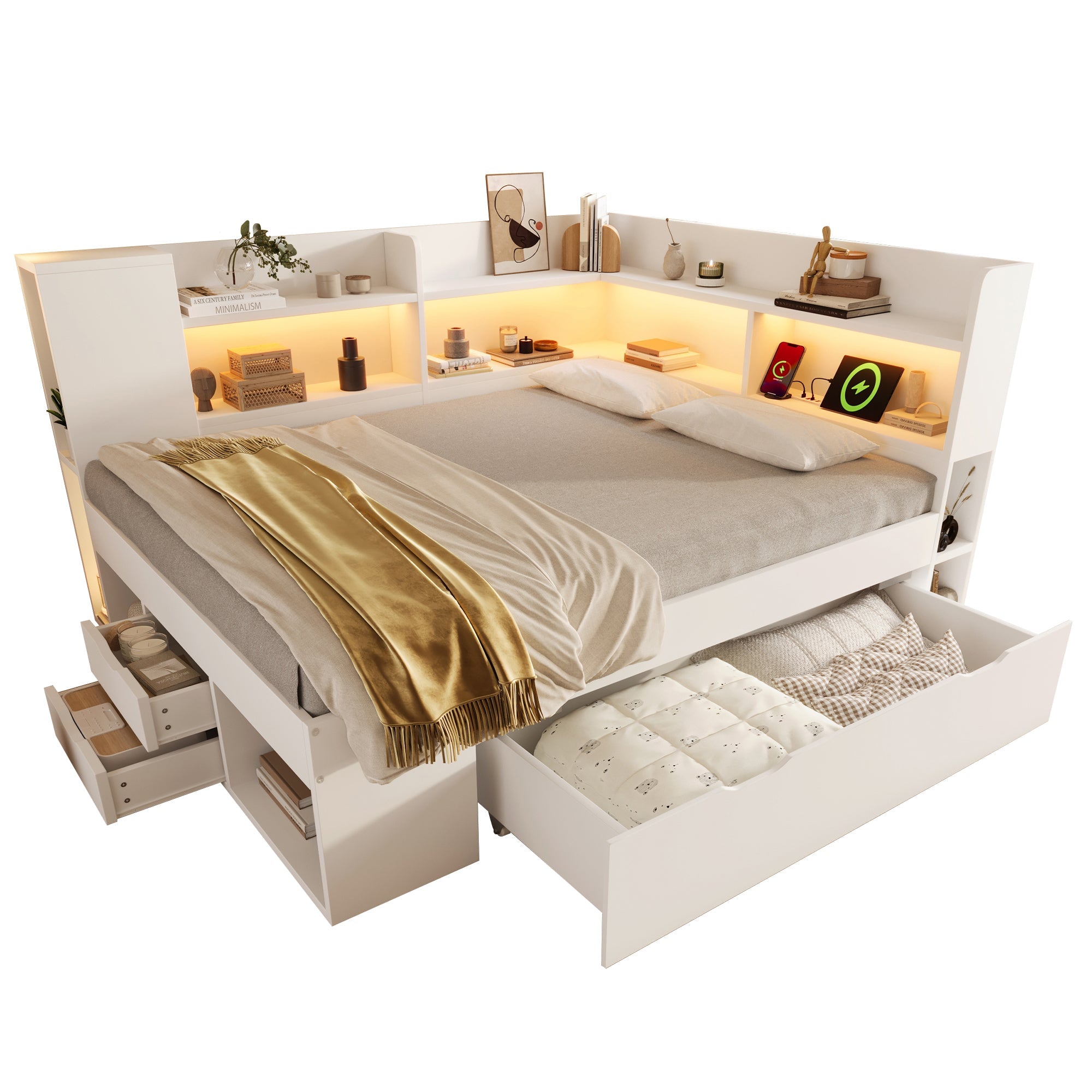 Daybed with LED, Charging Station and Storage, 140x200cm, White Wood-based Material