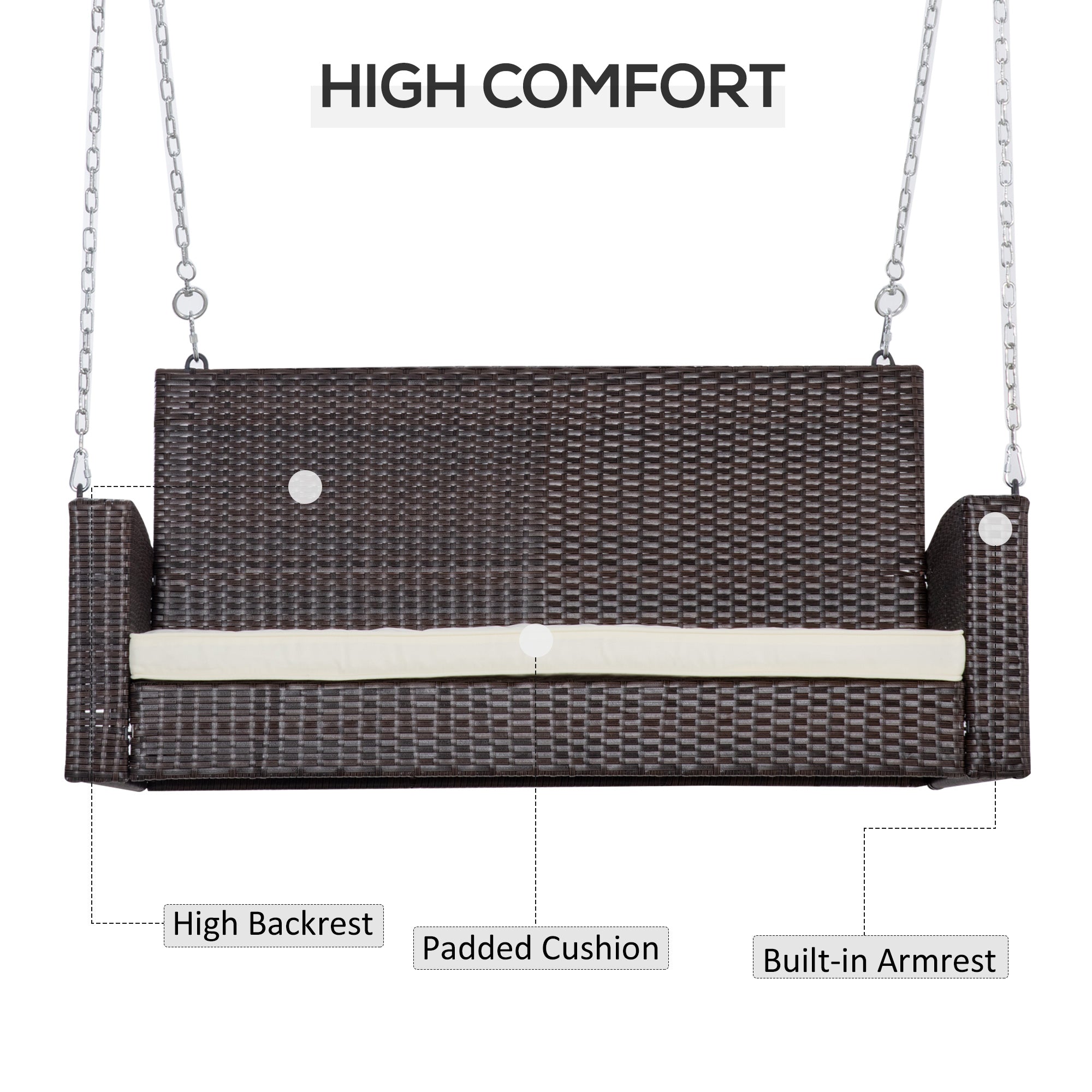 2 Seater Rattan Swing Chair Loveseat, Hanging Porch Bench w/ Cushion, Cream White