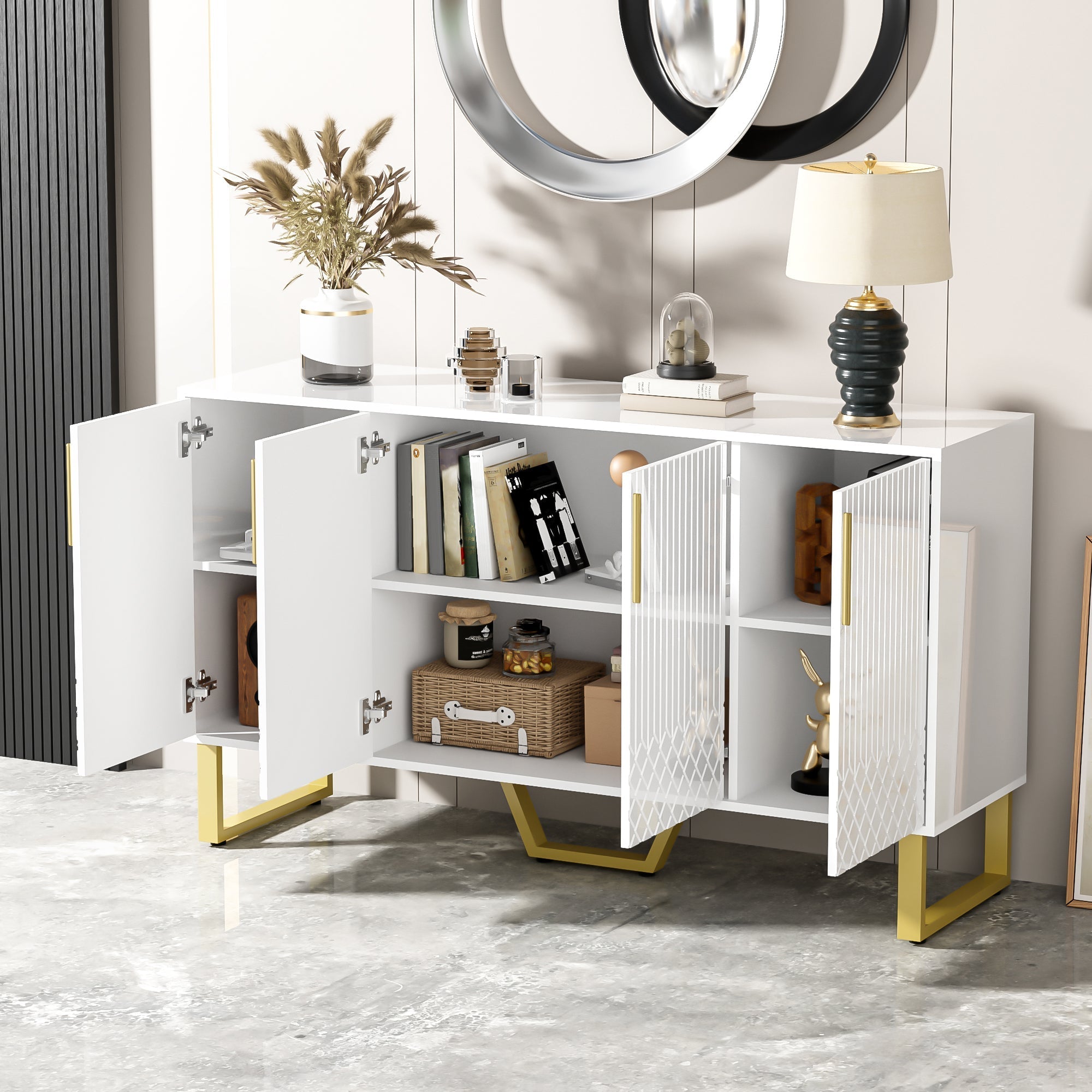 High-gloss Sideboard, 4 Doors, Metal Handles & Legs, White